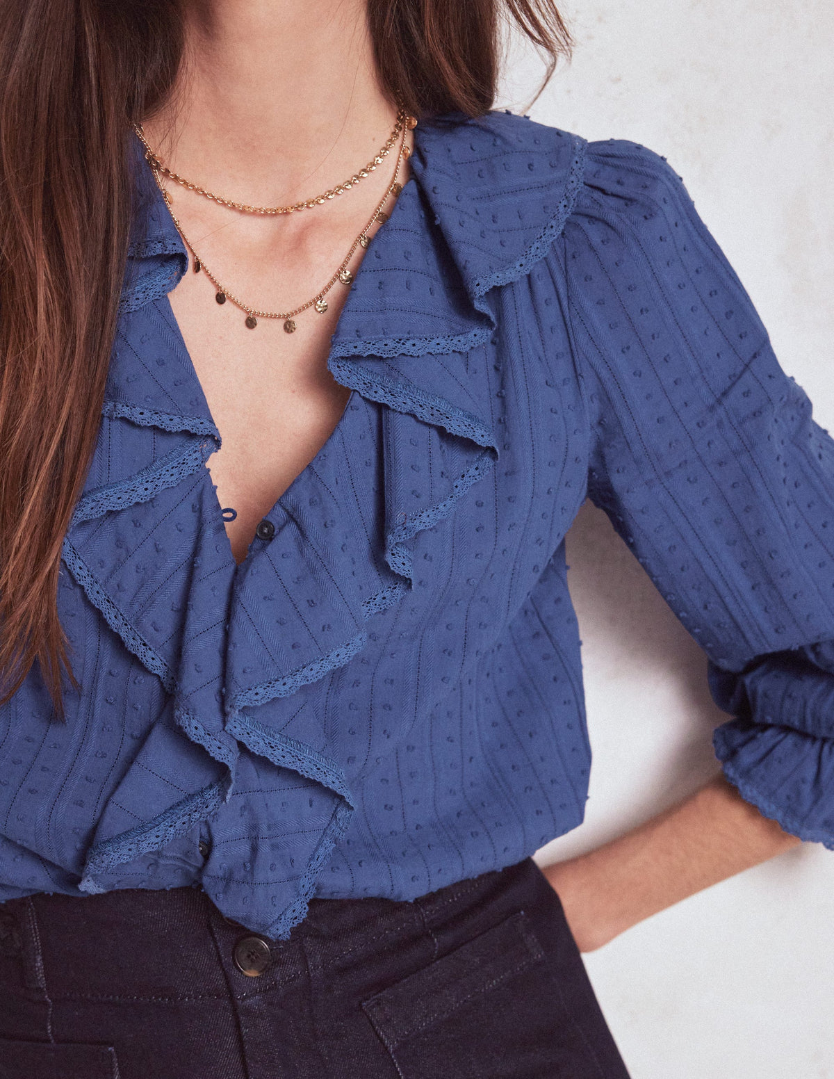 Eliza Ruffle V-Neck Blouse-Denim Blue-2