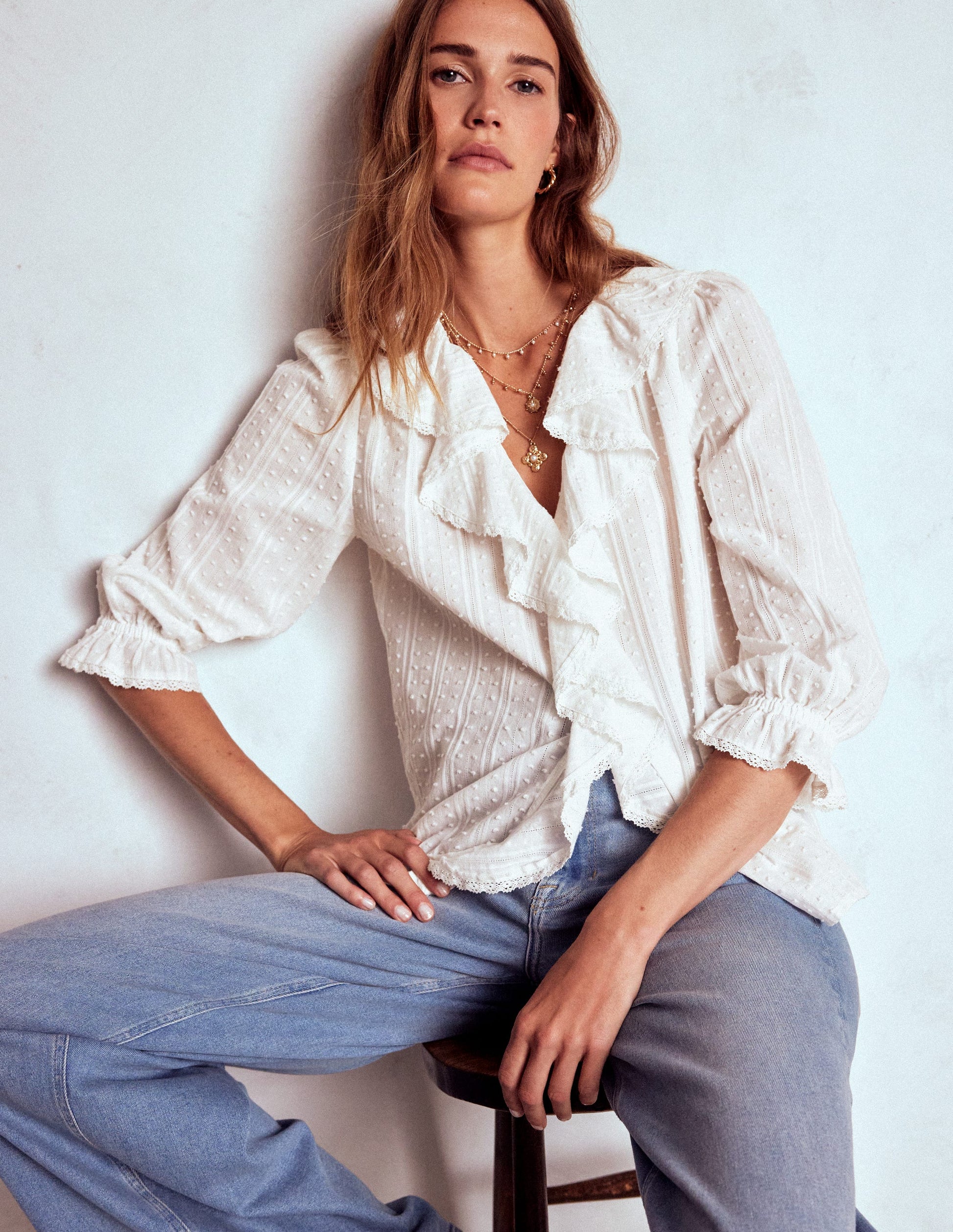 Eliza Ruffle V-Neck Blouse-White-1