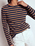 Olivia Langärmliges Bretonshirt-Marineblau, Camel Gestreift