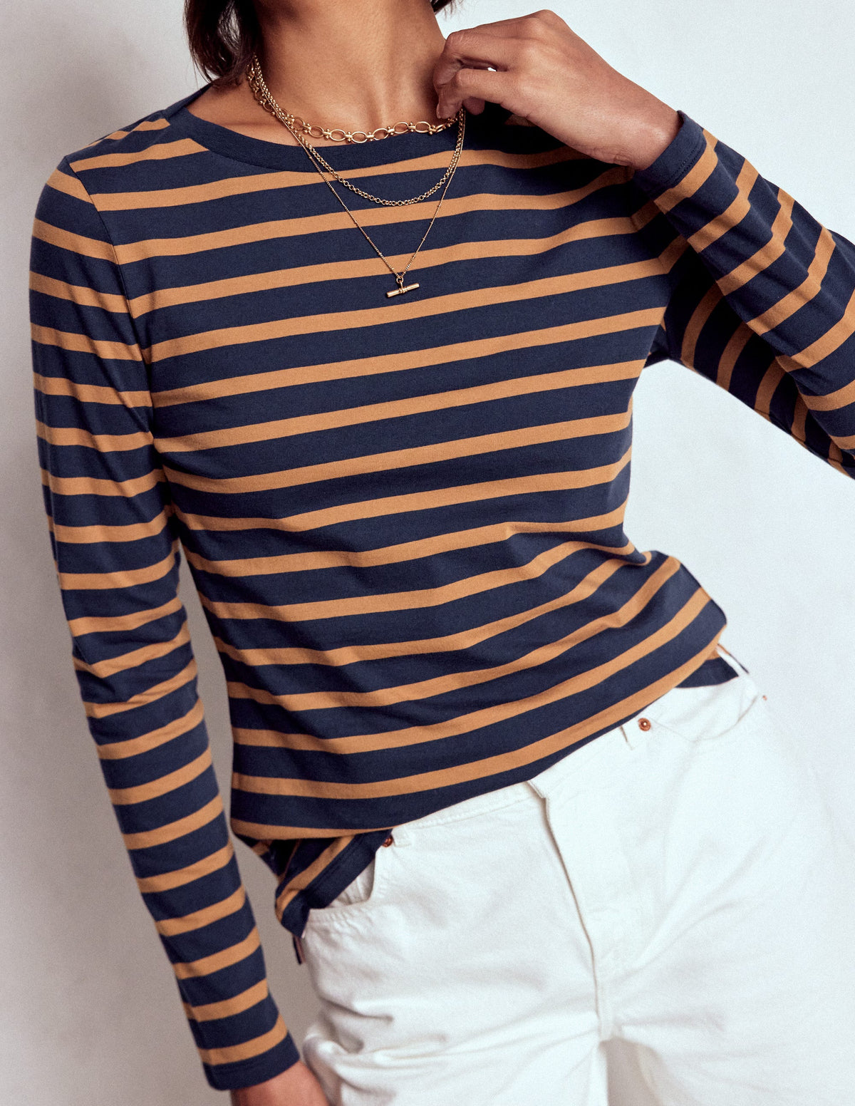 Olivia Langärmliges Bretonshirt-Marineblau, Camel Gestreift-1
