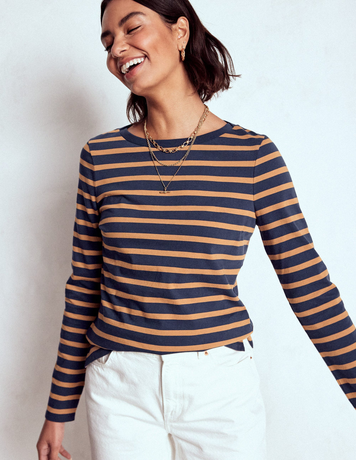 Olivia Langärmliges Bretonshirt-Marineblau, Camel Gestreift - Image 2