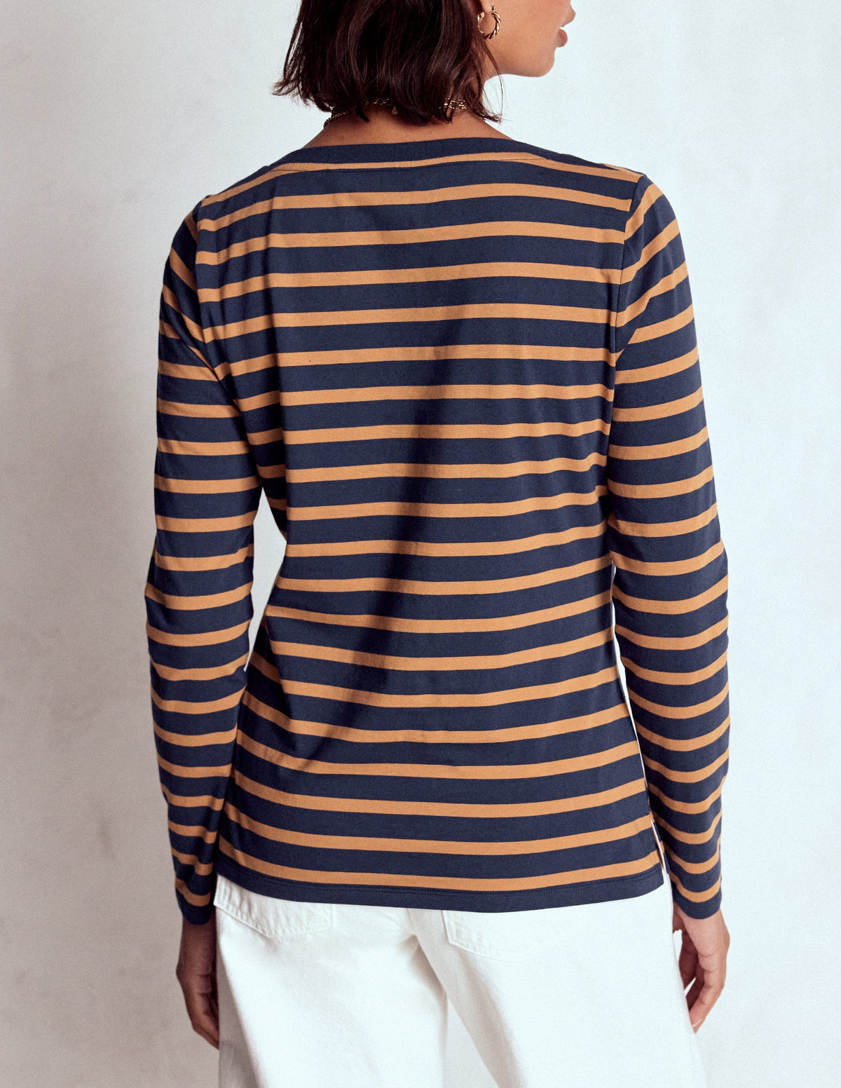 Olivia Langärmliges Bretonshirt-Marineblau, Camel Gestreift - Image 3