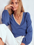 Metallic Trim V-neck Top-True Navy