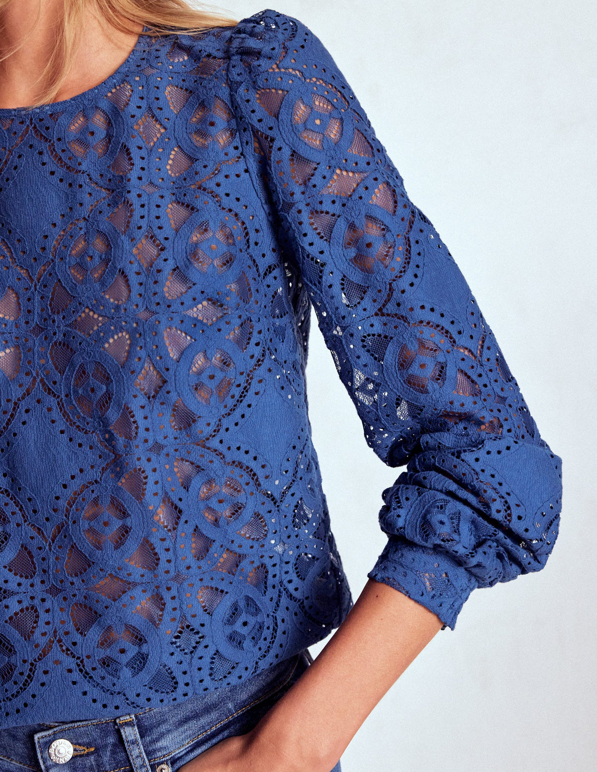 Oberteil aus Spitze mit Rundhalsausschnitt-Denim-Blau-2