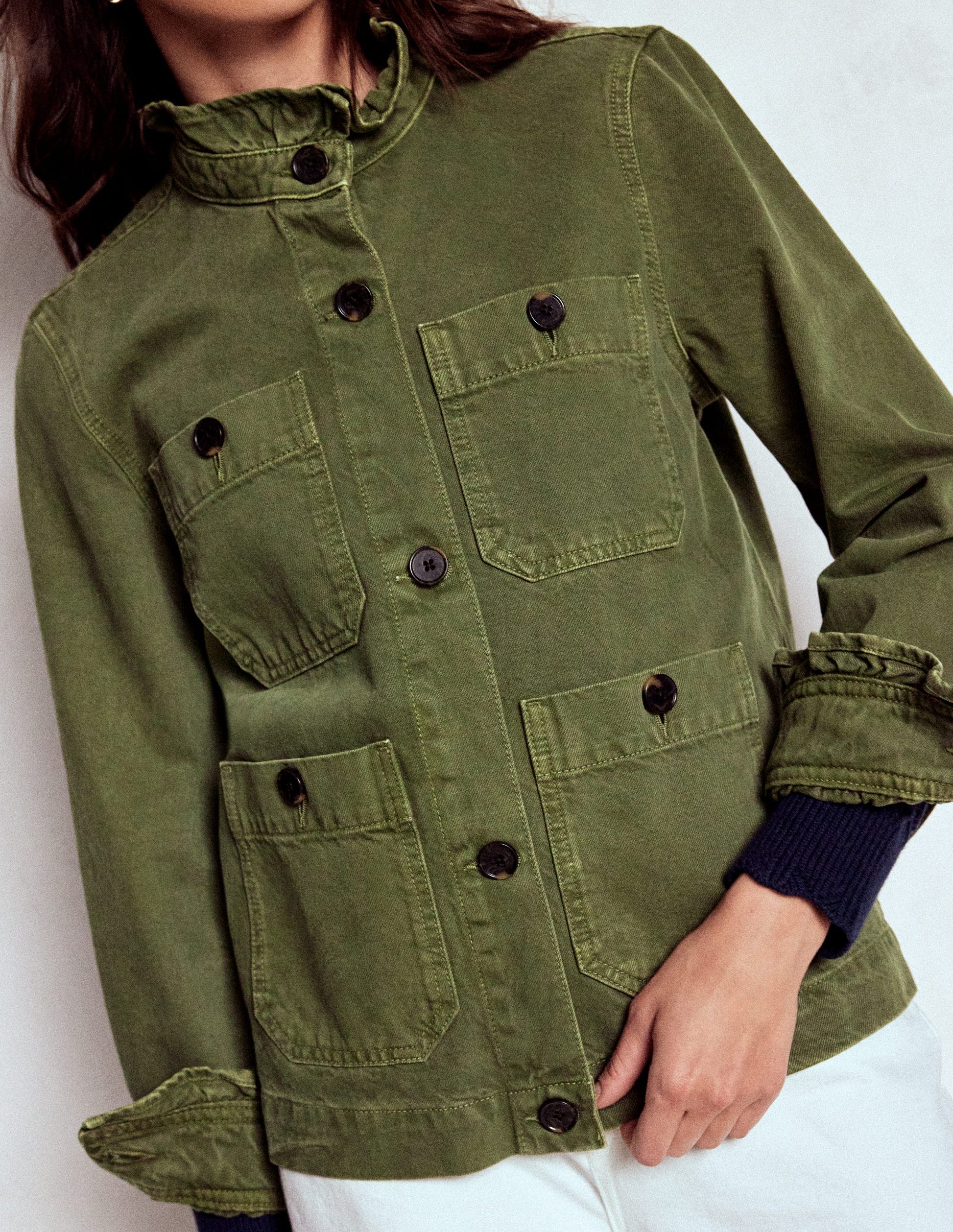 Baumwolljacke mit Rüschenkragen-Waldgrün-5