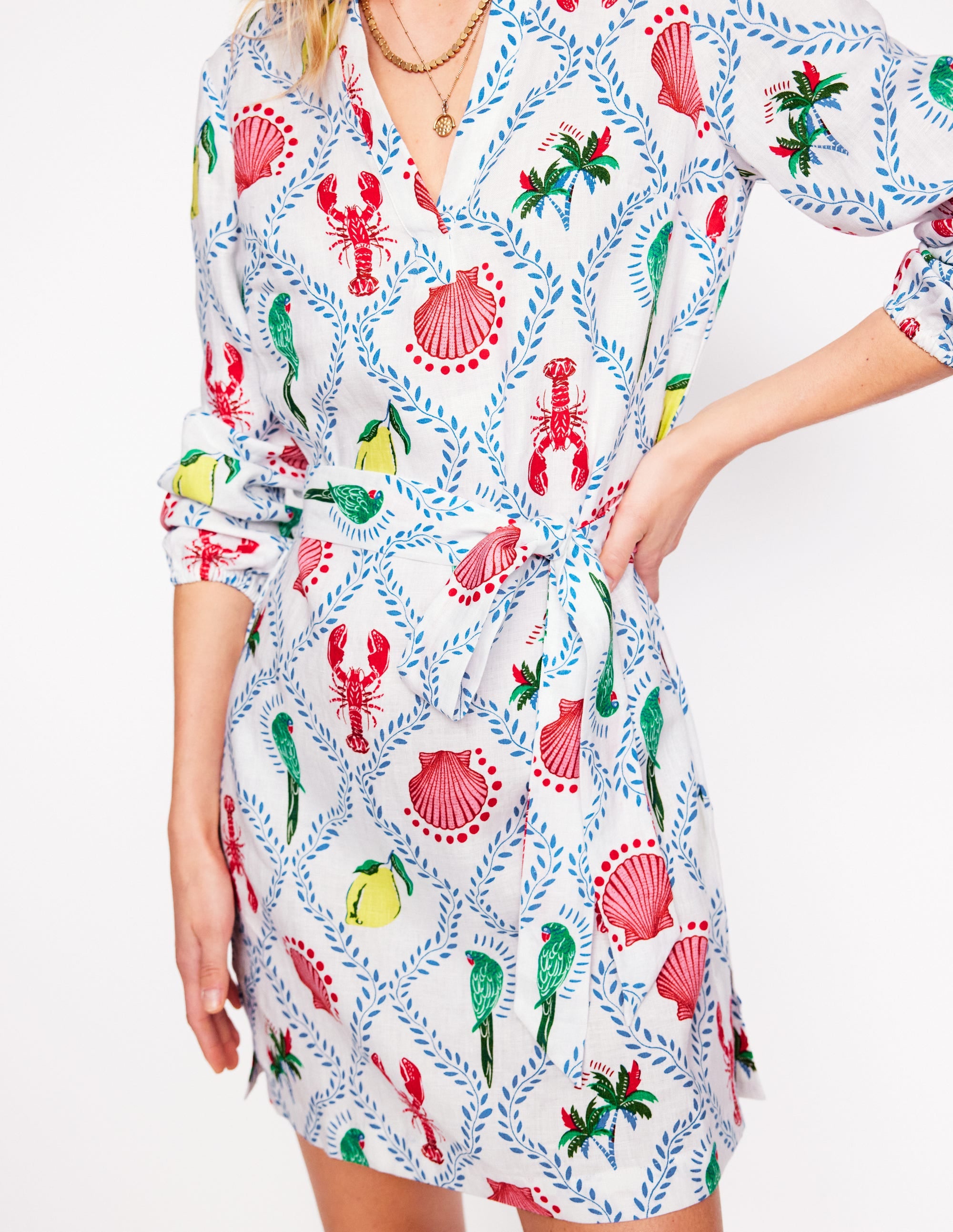 Robe Cleo nouée à la taille en lin-Ivoire, motif Tropical Bonanza Vine - Image 2