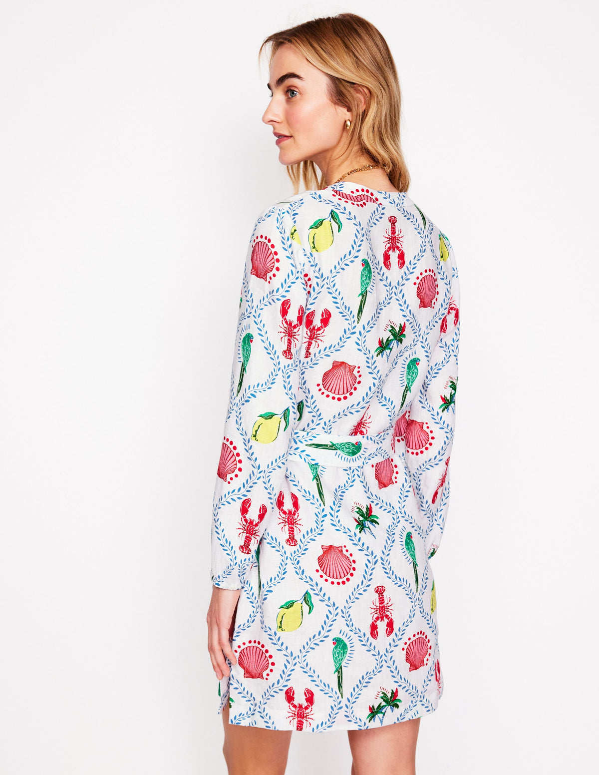 Robe Cleo nouée à la taille en lin-Ivoire, motif Tropical Bonanza Vine - Image 3