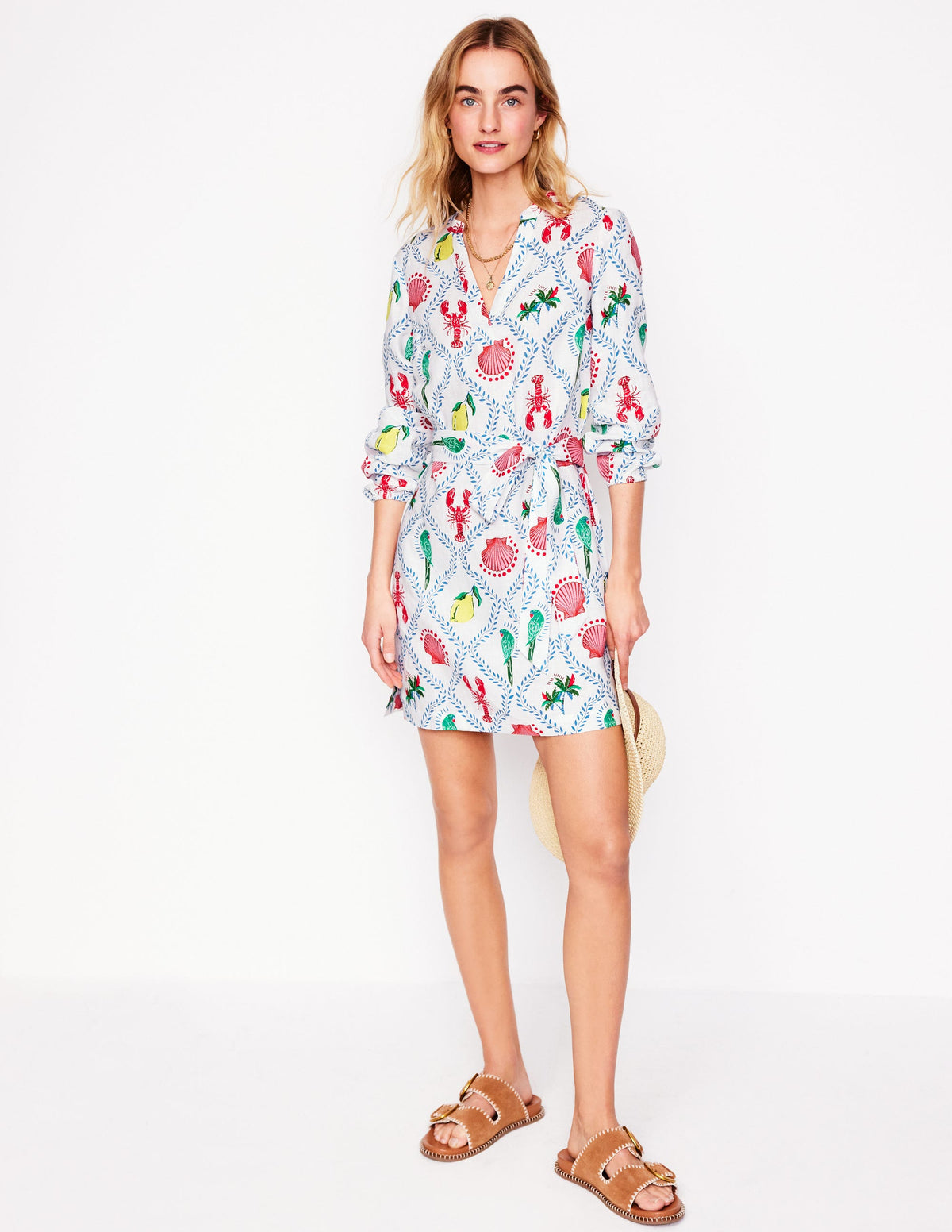 Robe Cleo nouée à la taille en lin-Ivoire, motif Tropical Bonanza Vine - Image 4
