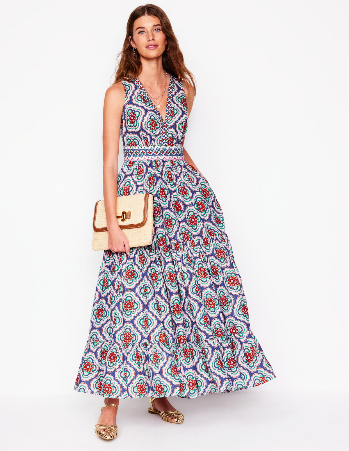Serena Maxikleid aus Baumwolle zum Binden-Leuchtendes Blau, Botanic Blush-Motiv-1