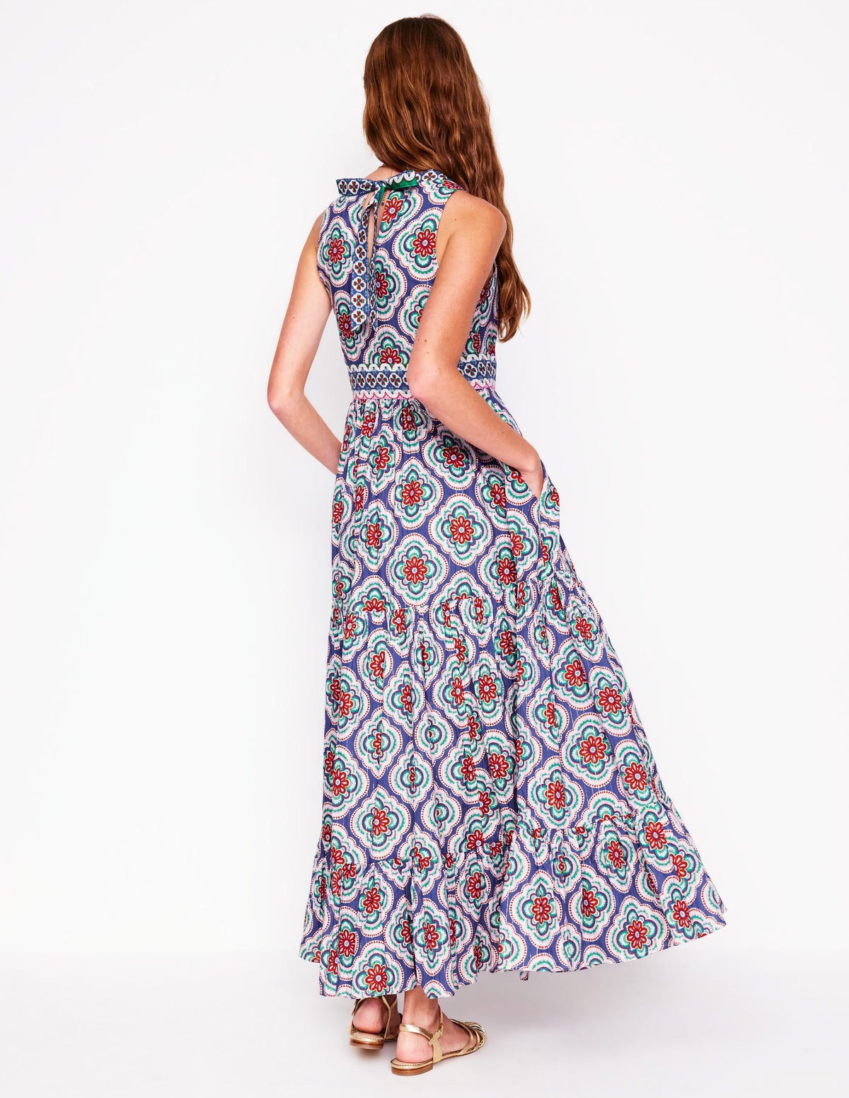Serena Maxikleid aus Baumwolle zum Binden-Leuchtendes Blau, Botanic Blush-Motiv - Image 3