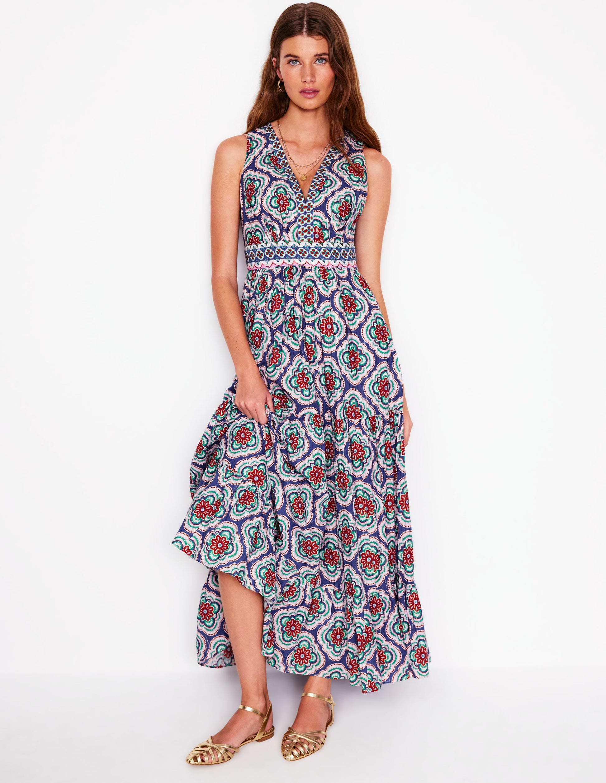 Serena Maxikleid aus Baumwolle zum Binden-Leuchtendes Blau, Botanic Blush-Motiv-4