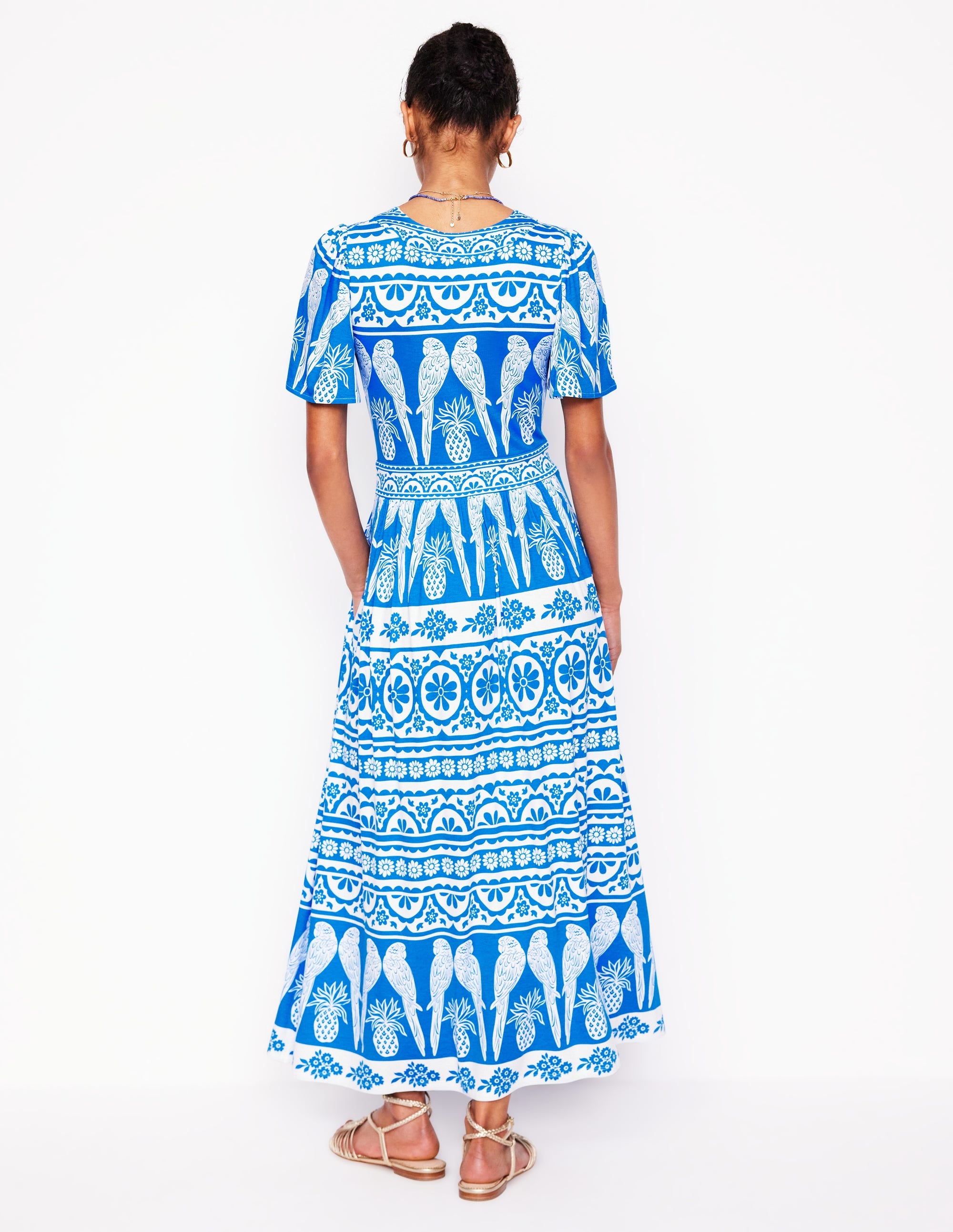 Robe longue style 40s Ellie à manches aériennes-Bleu céruléen, motif Ornate Tropics - Image 3