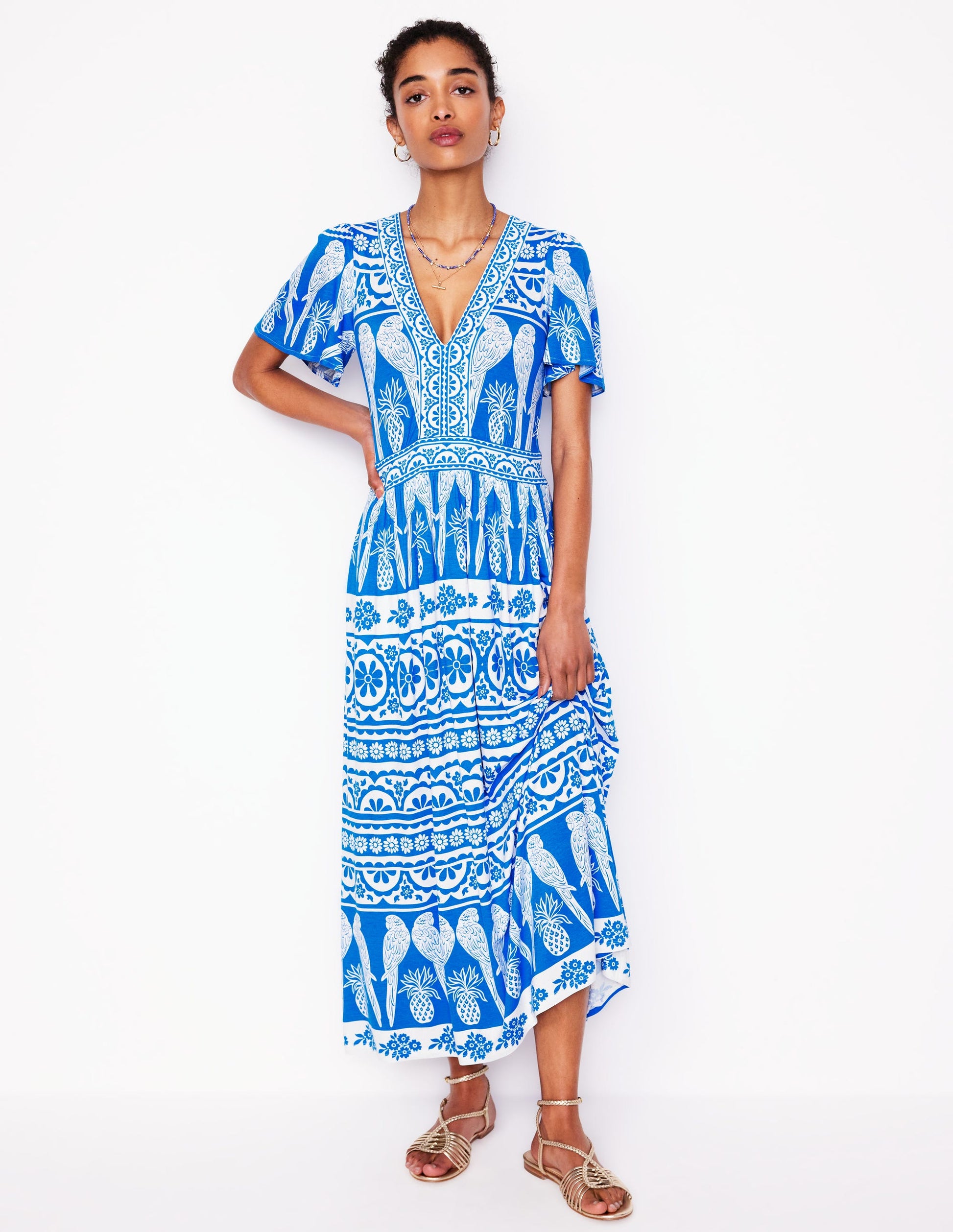 Robe longue style 40s Ellie à manches aériennes-Bleu céruléen, motif Ornate Tropics-4