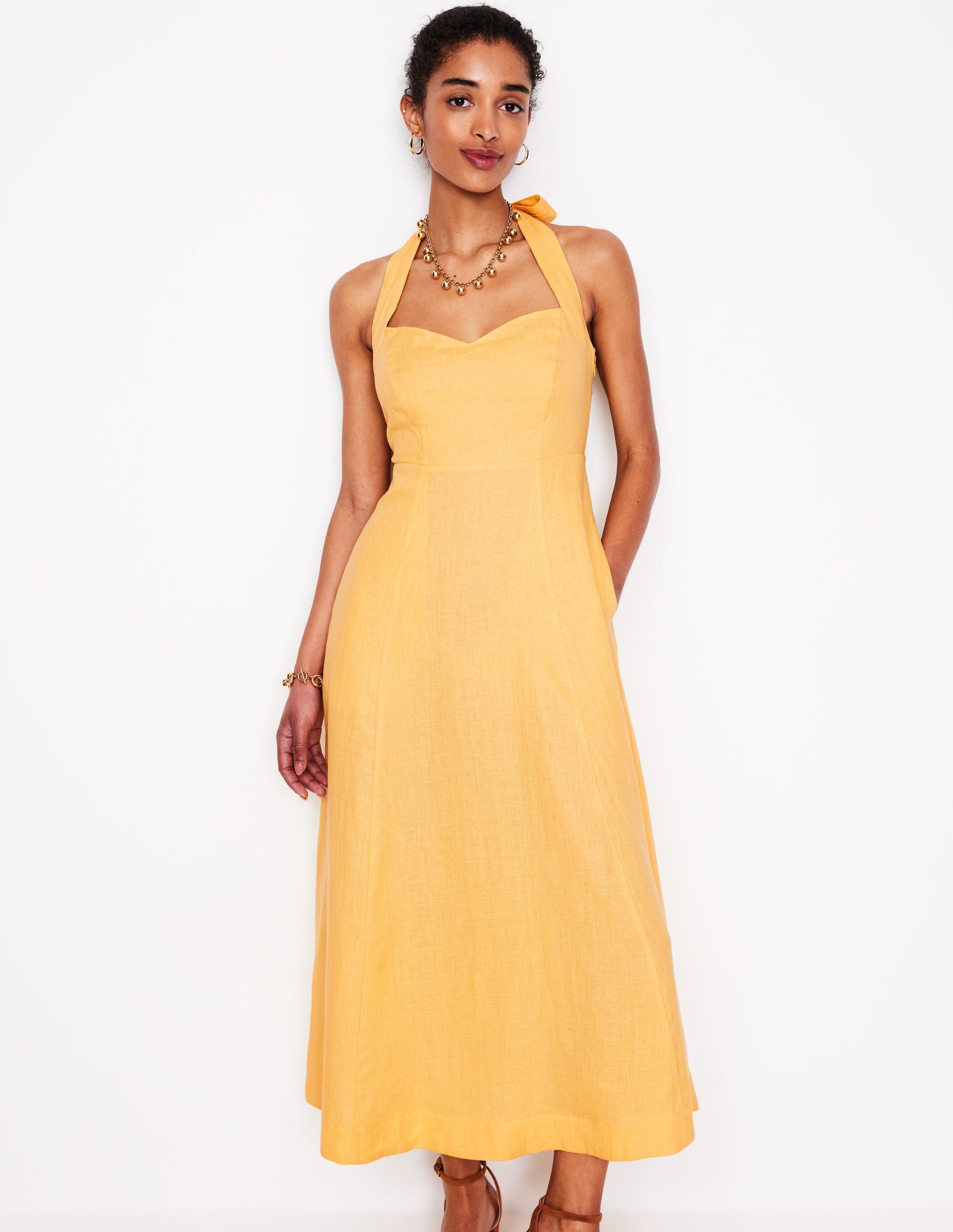 Neckholder-Kleid aus Leinen-Buttermilchgelb-4
