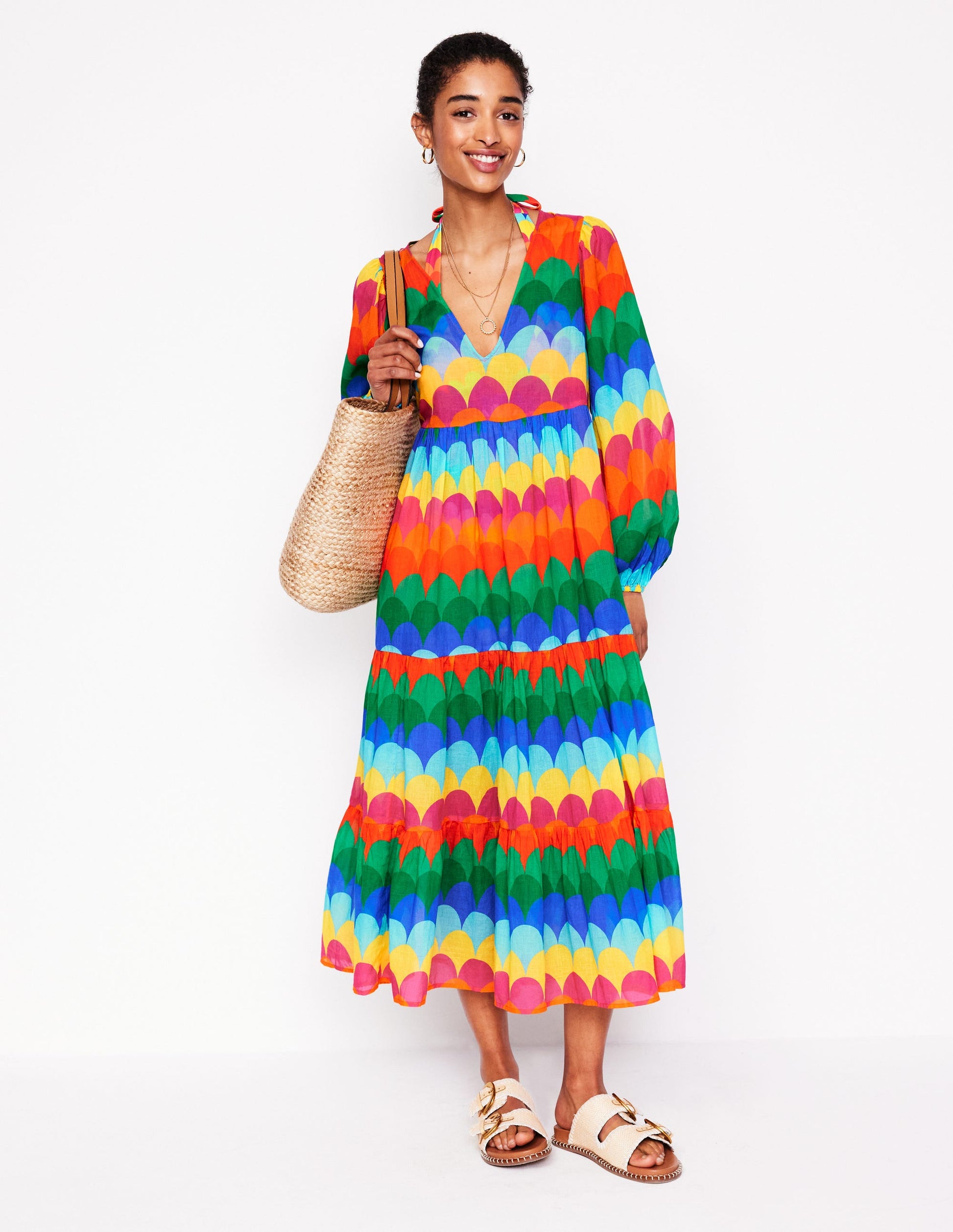 Gestufter Baumwollkaftan mit V-Ausschnitt-Bunt, Muschel-Streifen-1
