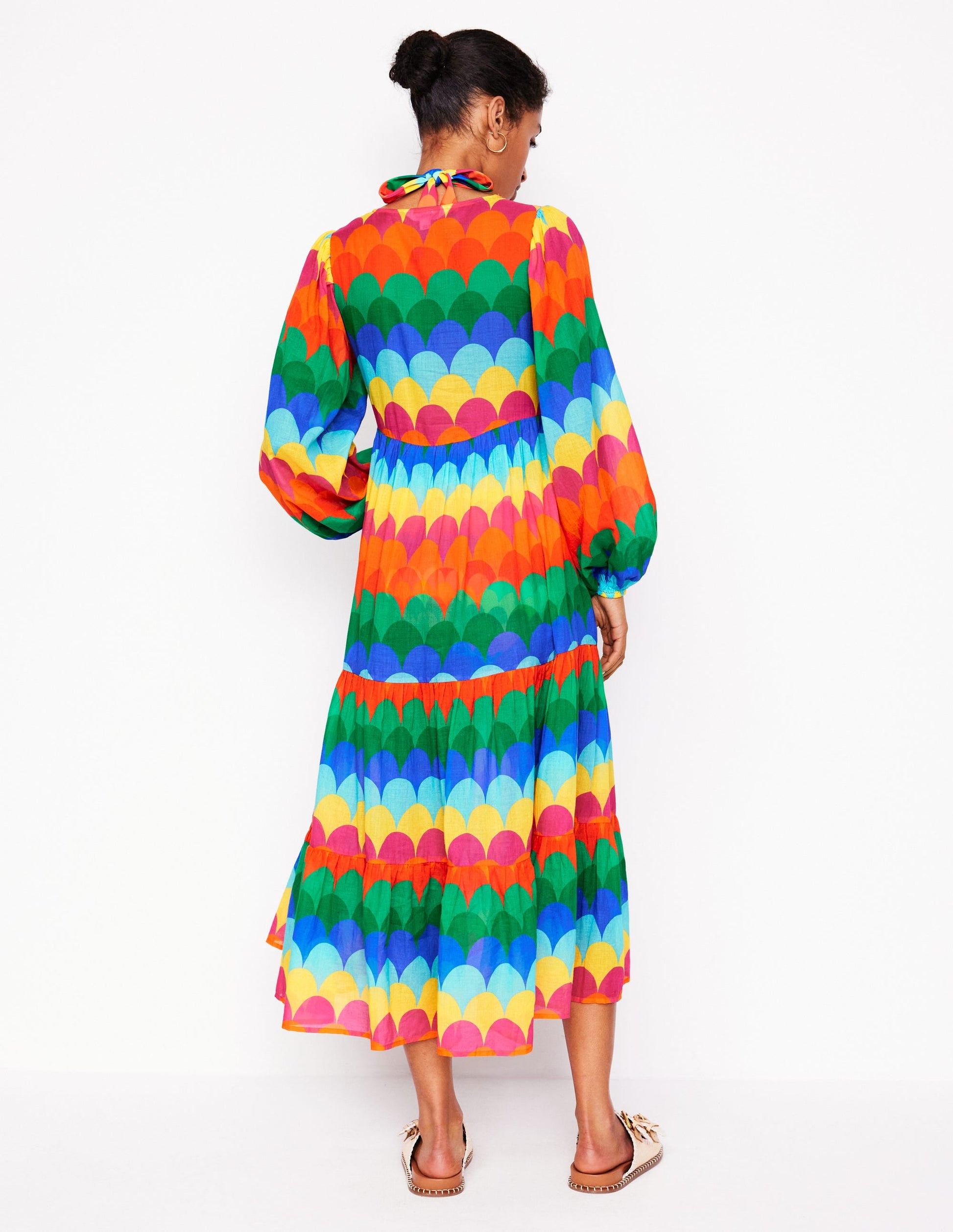 Gestufter Baumwollkaftan mit V-Ausschnitt-Bunt, Muschel-Streifen-4