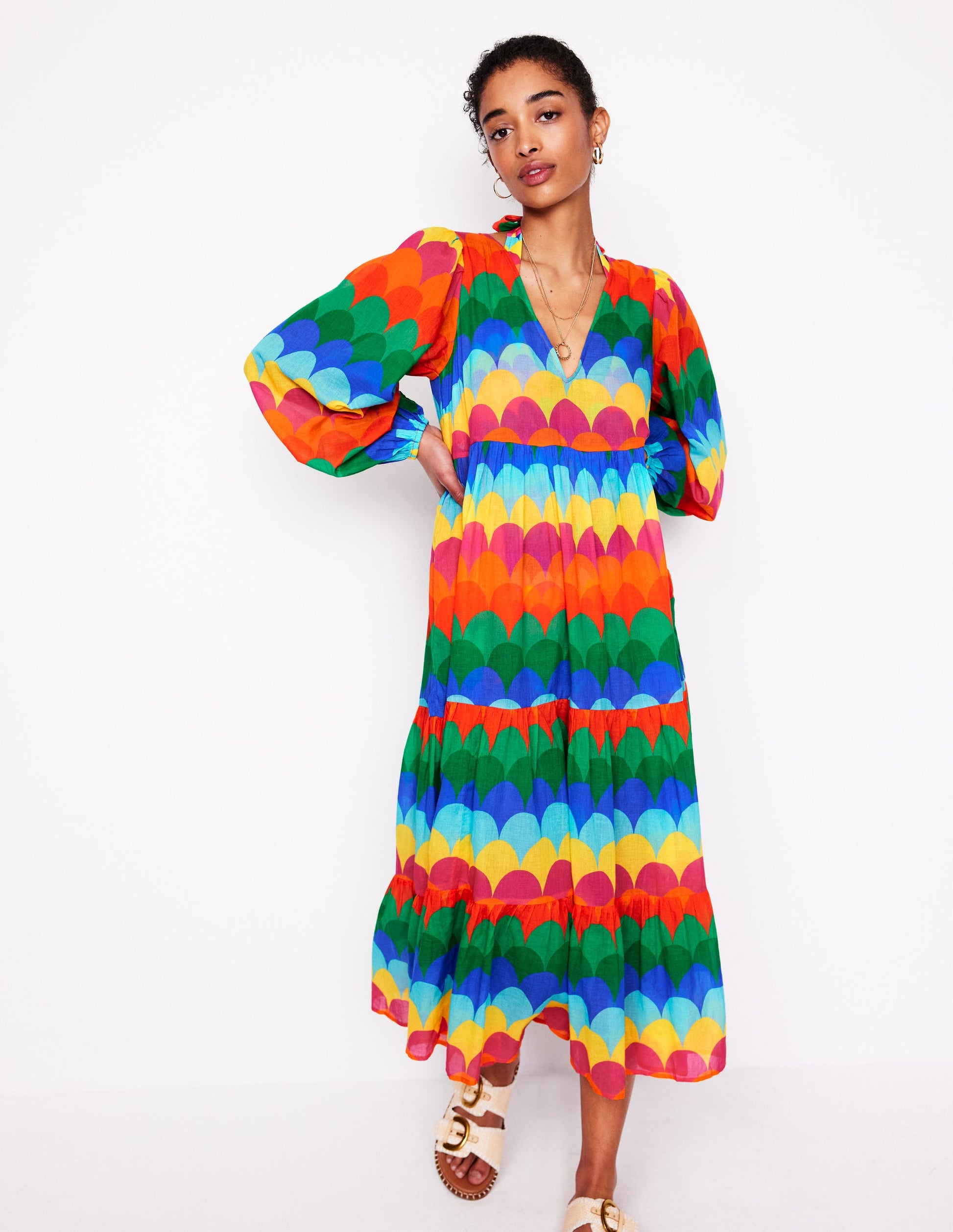Gestufter Baumwollkaftan mit V-Ausschnitt-Bunt, Muschel-Streifen-5