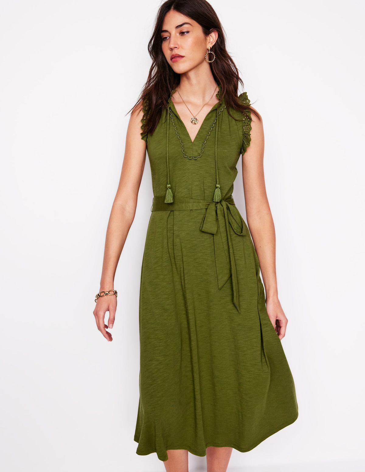 Aria Midikleid mit Lochstickerei-Besatz-Dunkles Olivgrün - Image 1