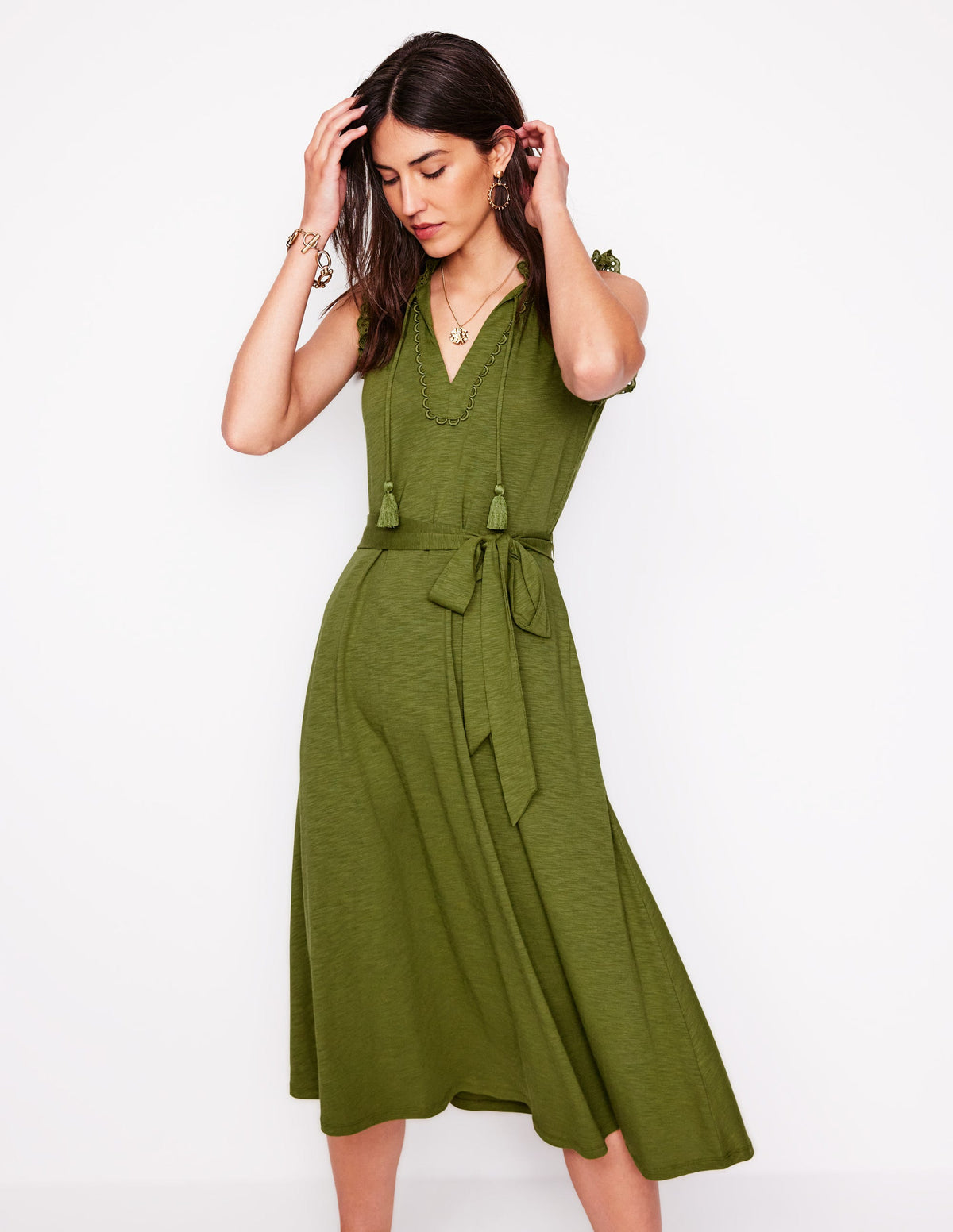 Aria Midikleid mit Lochstickerei-Besatz-Dunkles Olivgrün-4