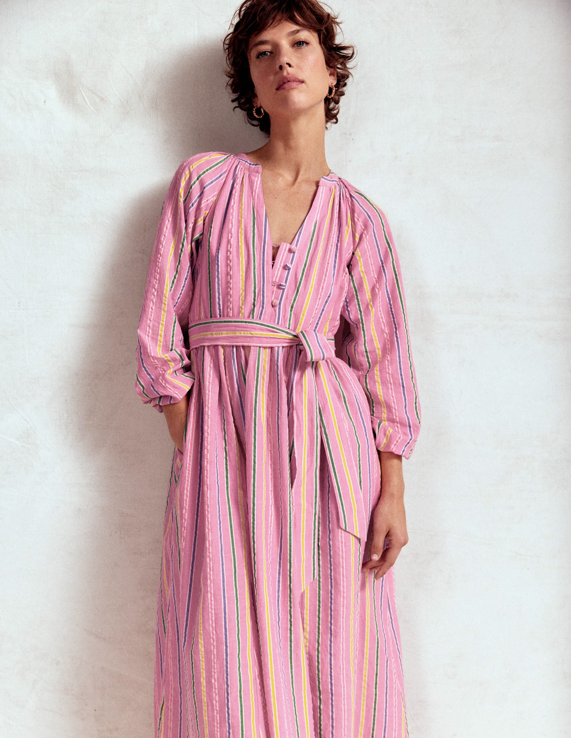 Faye Baumwoll-Maxikleid-Sorbetrosa, Seersucker Streifen - Image 1