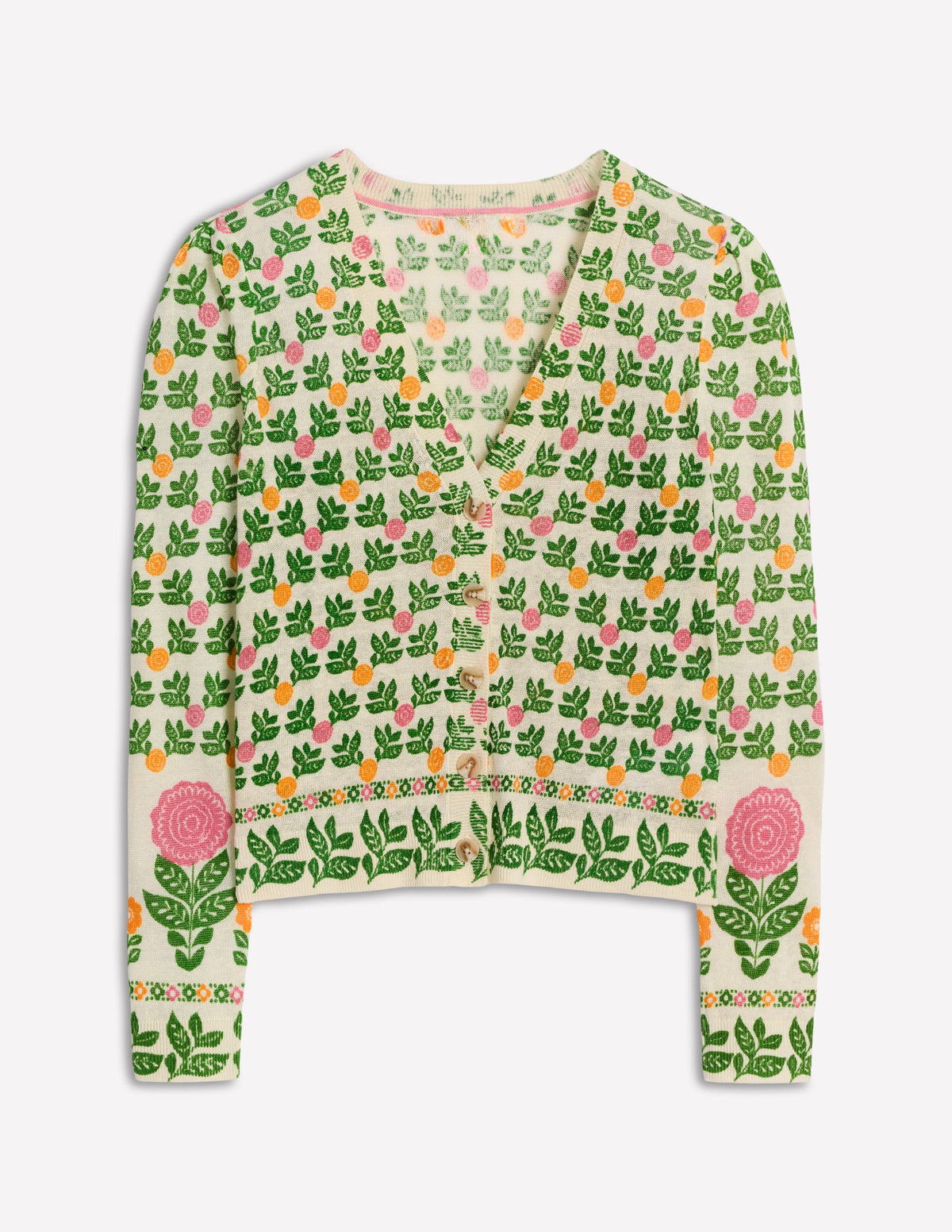 Gilet col V Liv en lin-Ivoire chaud, motif Dahlia Garden-6