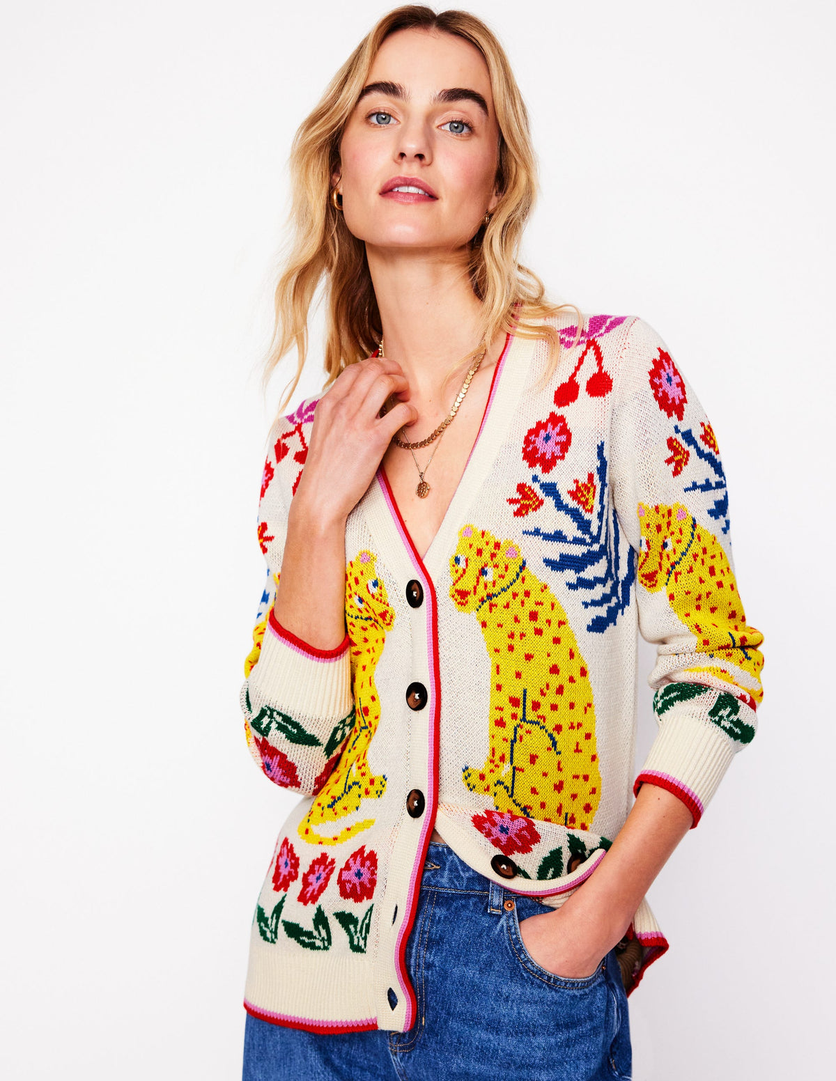 Jacquard-Strickjacke im Boyfriend-Stil-Warmes Naturweiß, Leopard-1