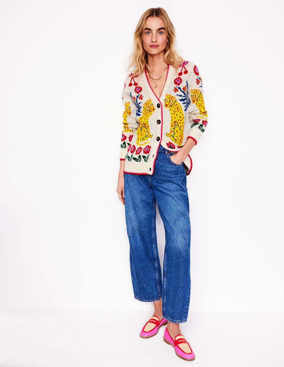Jacquard-Strickjacke im Boyfriend-Stil-Warmes Naturweiß, Leopard-4