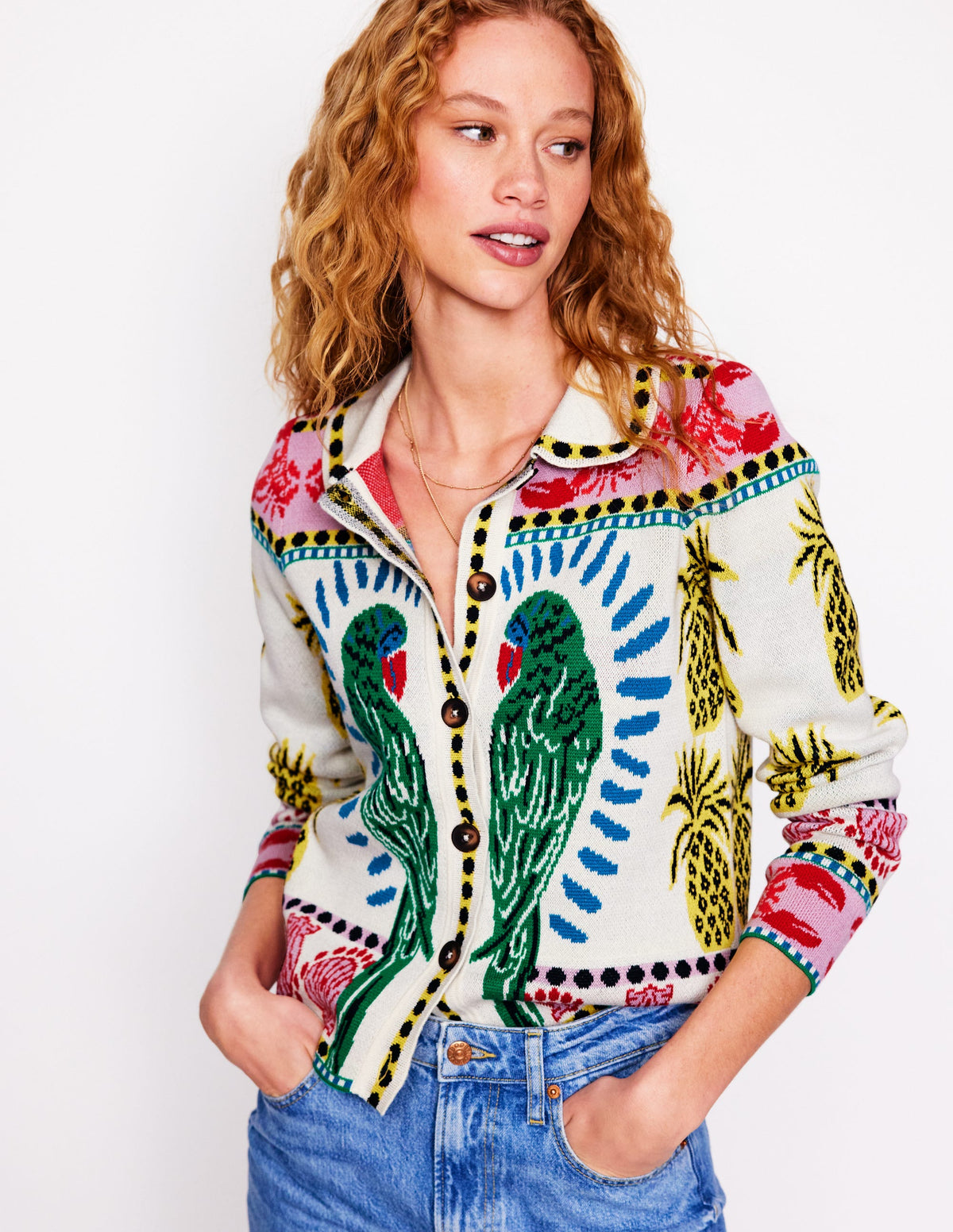 Veste-chemise en maille jacquard-Ivoire chaud, motif Tropical Bonanza-1