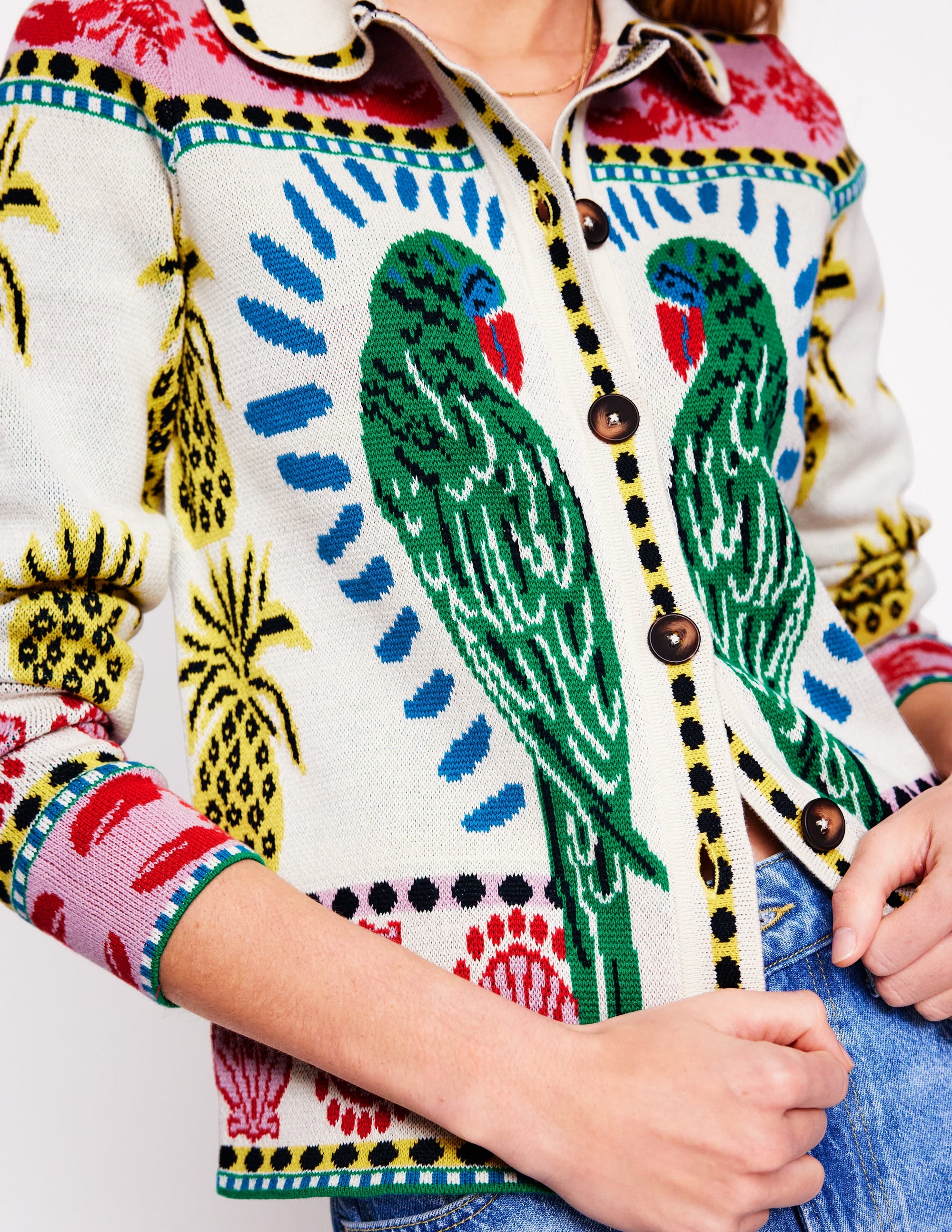 Veste-chemise en maille jacquard-Ivoire chaud, motif Tropical Bonanza - Image 2