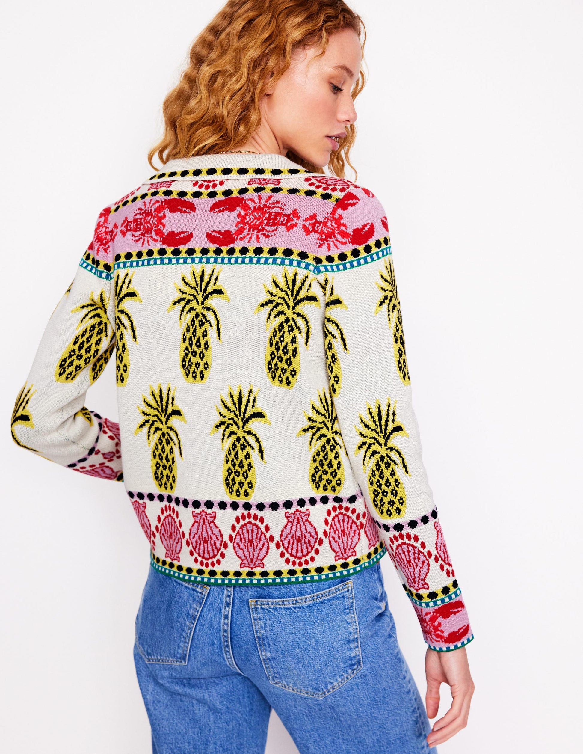Veste-chemise en maille jacquard-Ivoire chaud, motif Tropical Bonanza-3