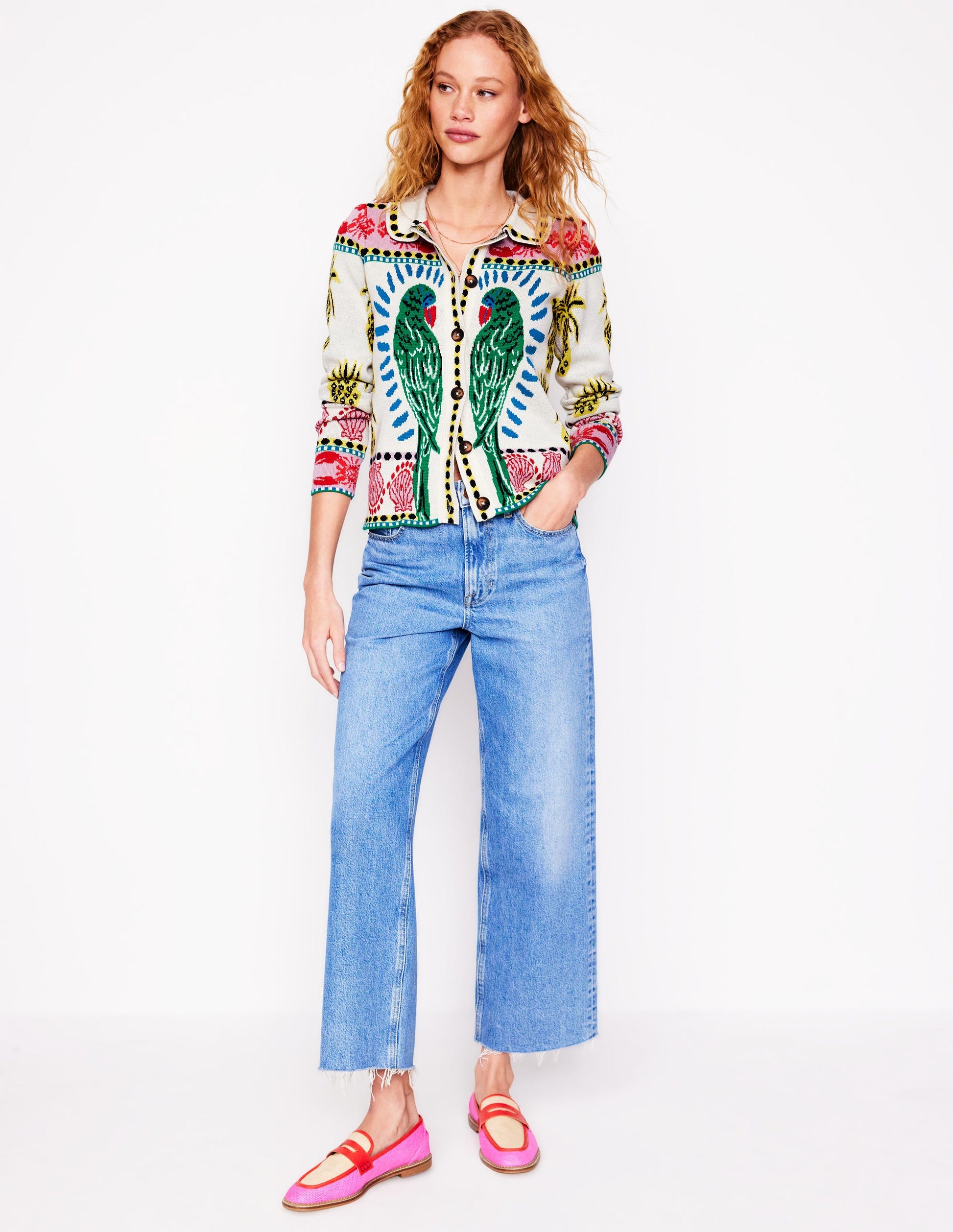 Veste-chemise en maille jacquard-Ivoire chaud, motif Tropical Bonanza-4