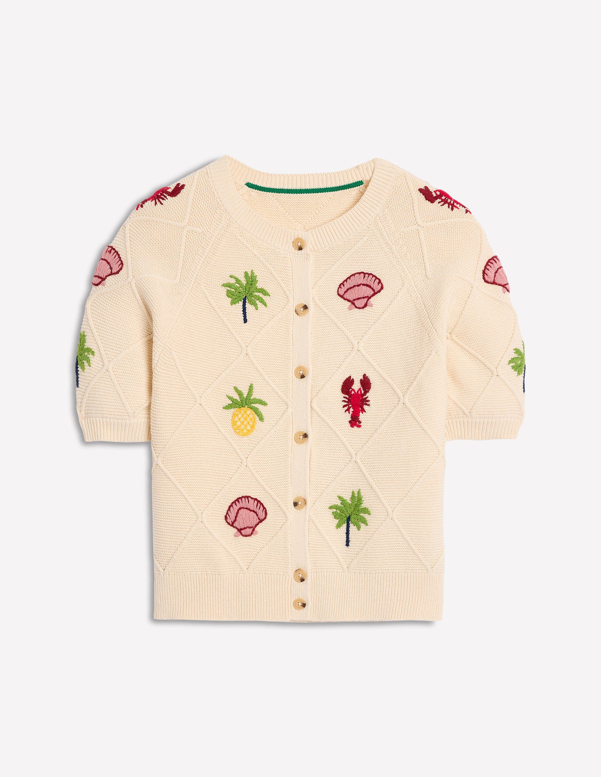 Bestickte Strickjacke mit kurzen Ärmeln-Warmes Naturweiß, Tropical Bonanza-Motiv - Image 7