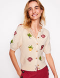 Bestickte Strickjacke mit kurzen Ärmeln-Warmes Naturweiß, Tropical Bonanza-Motiv