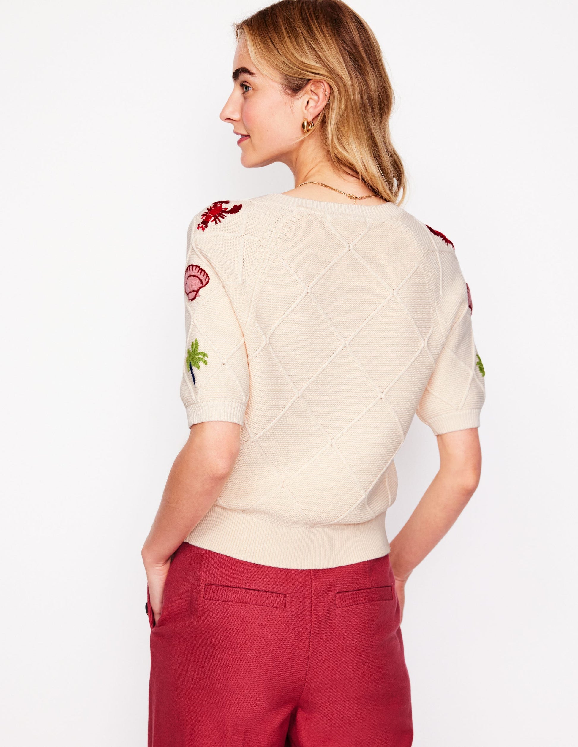 Bestickte Strickjacke mit kurzen Ärmeln-Warmes Naturweiß, Tropical Bonanza-Motiv-3