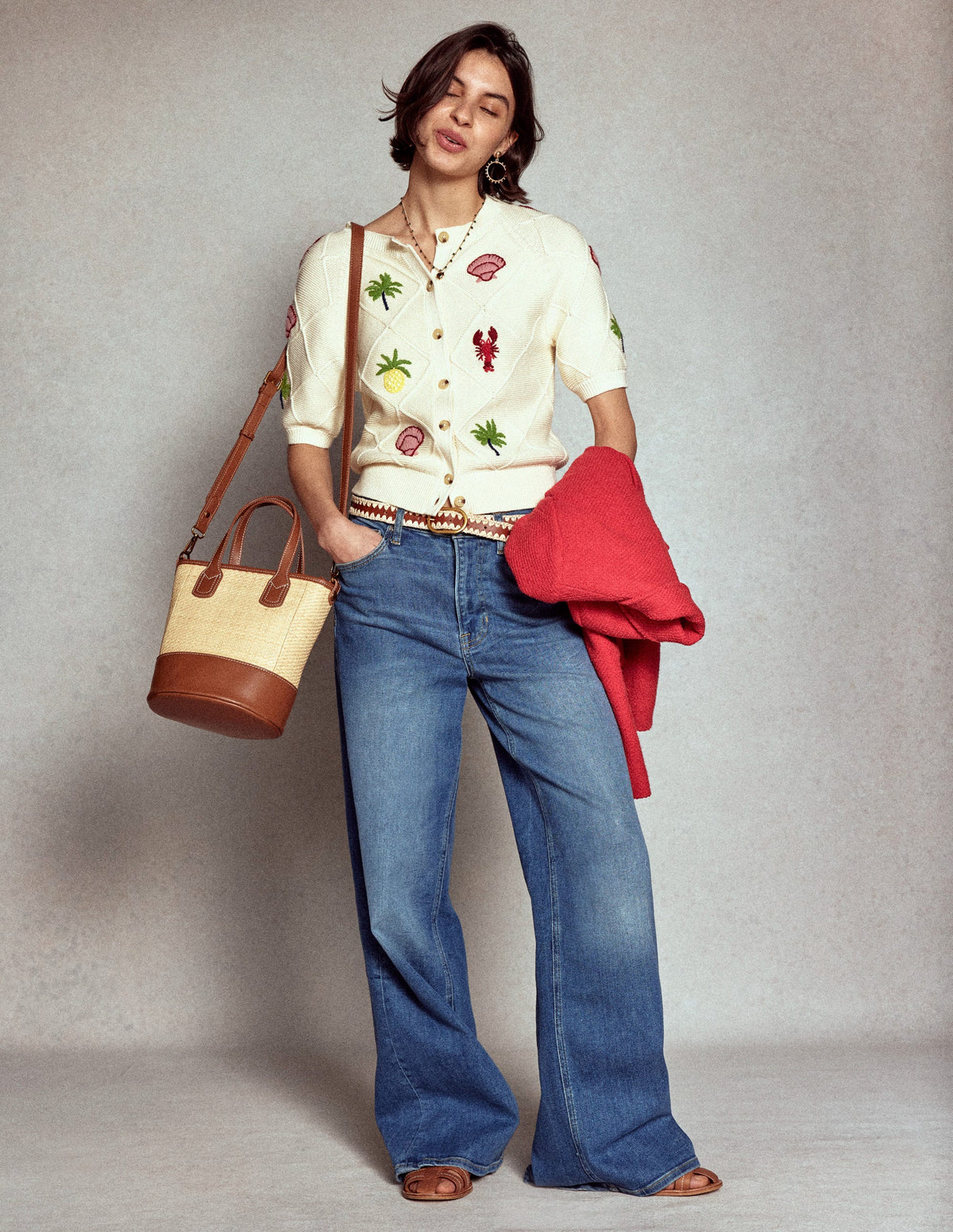 Bestickte Strickjacke mit kurzen Ärmeln-Warmes Naturweiß, Tropical Bonanza-Motiv - Image 6