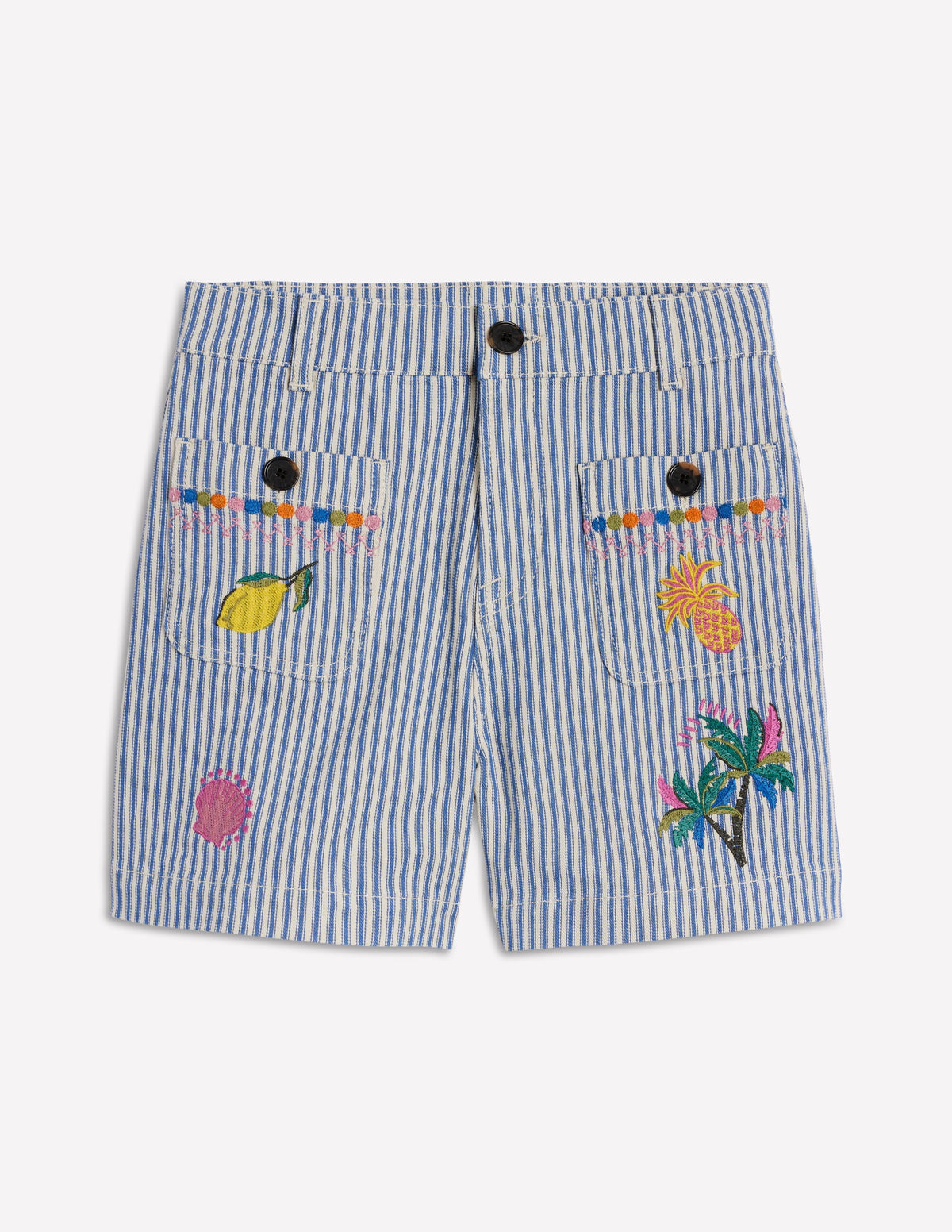 Pocket Front Denim Shorts-Ticking Stripe Embroidery-7