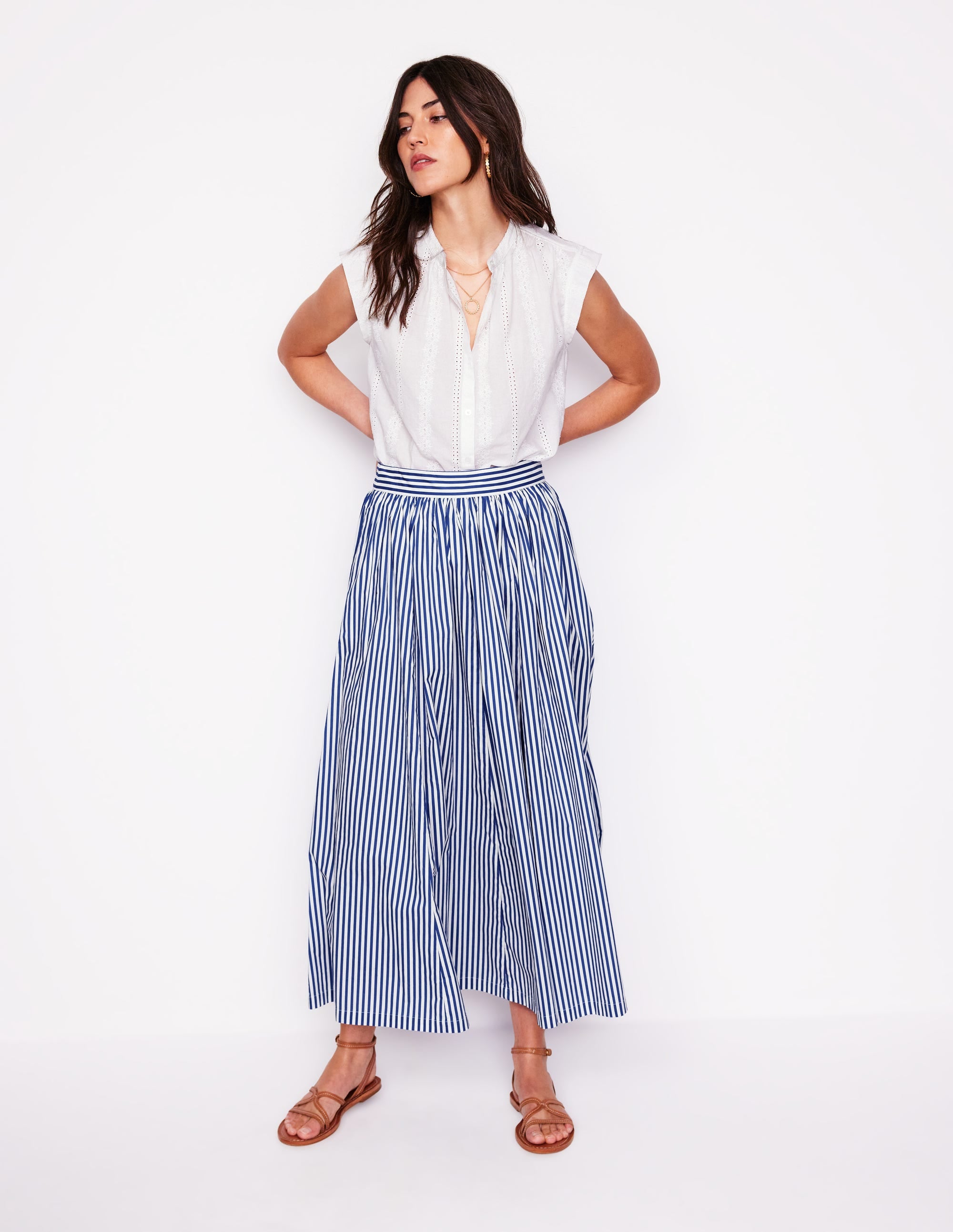 Full Poplin Maxi Skirt-Kingfisher Blue, Fine Stripe - Image 1