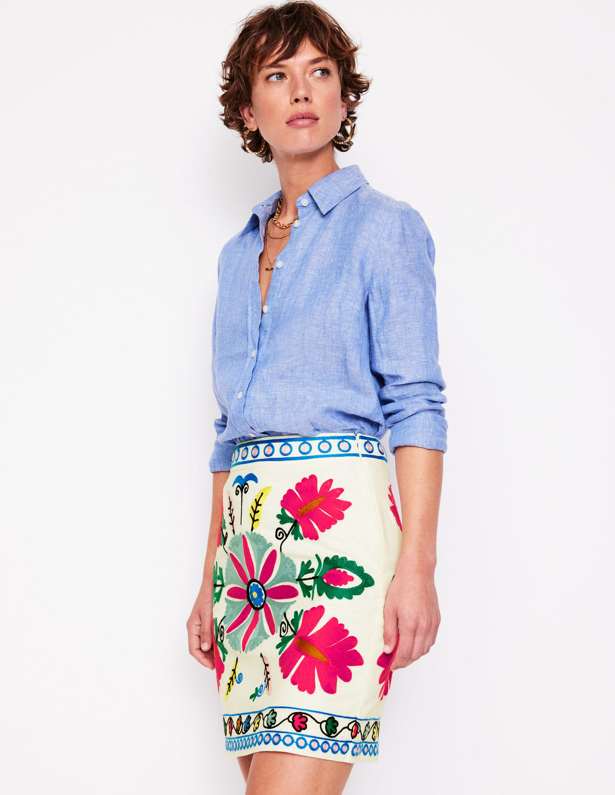 Aline Embroidered Linen Skirt-Ivory Embroidery - Image 1