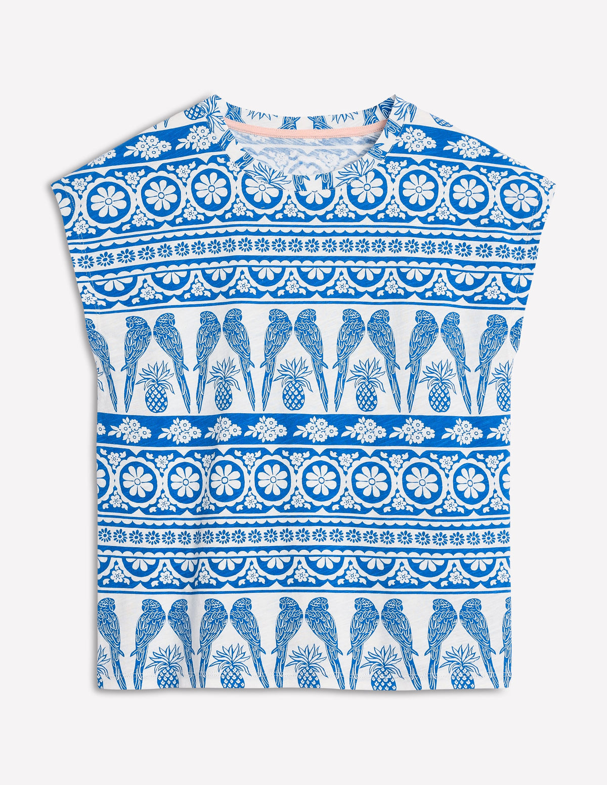 Louisa T-Shirt aus Baumwollflammgarn-Himmelblau, Tropische Ornamente - Image 5