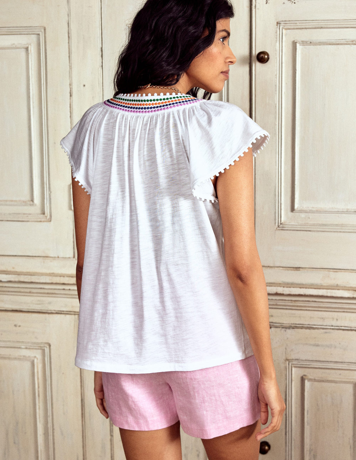 Top à empiècement et pompons-Blanc - Image 3
