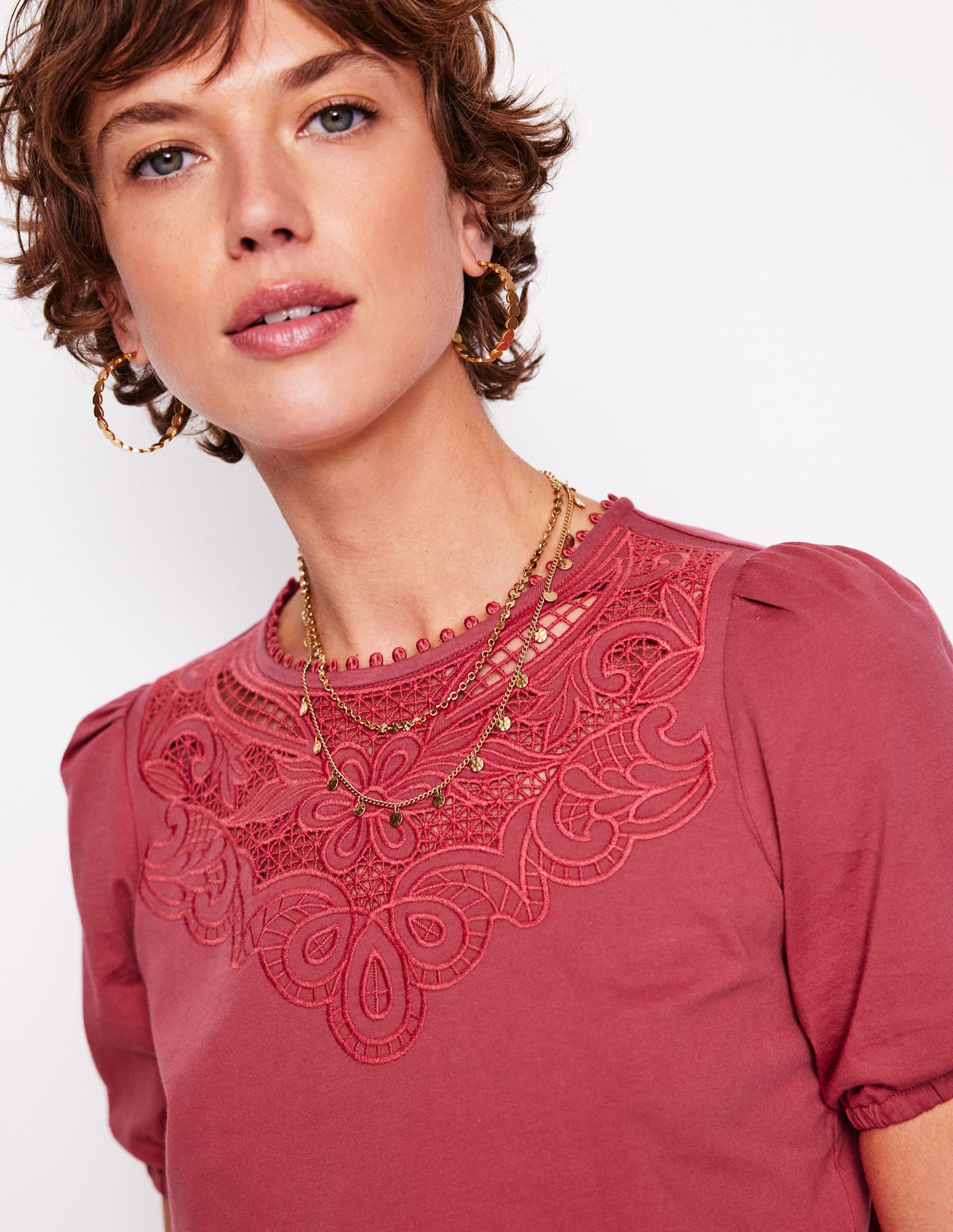 Cutwork-T-Shirt mit Puffärmeln-Terrakotta - Image 2