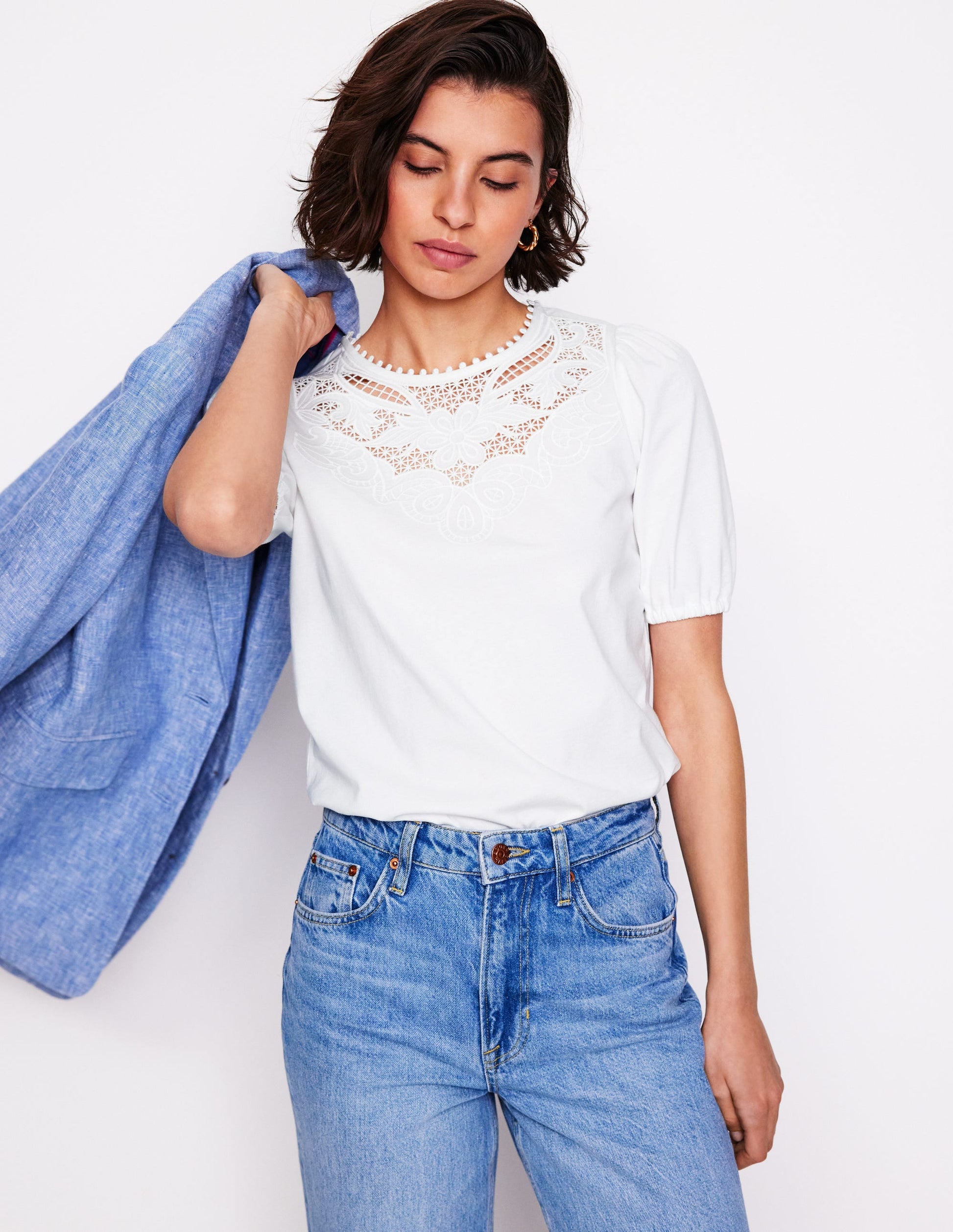 Cutwork-T-Shirt mit Puffärmeln-Weiß-4