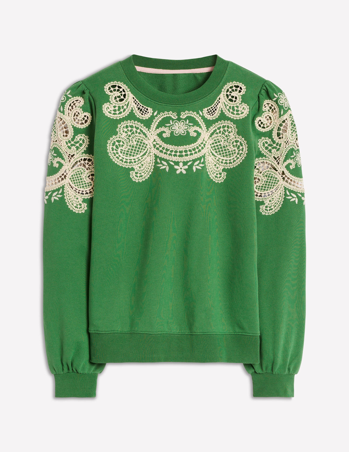 Sweatshirt mit Puffärmeln und Cutwork-Design-Paradiesgrün-5