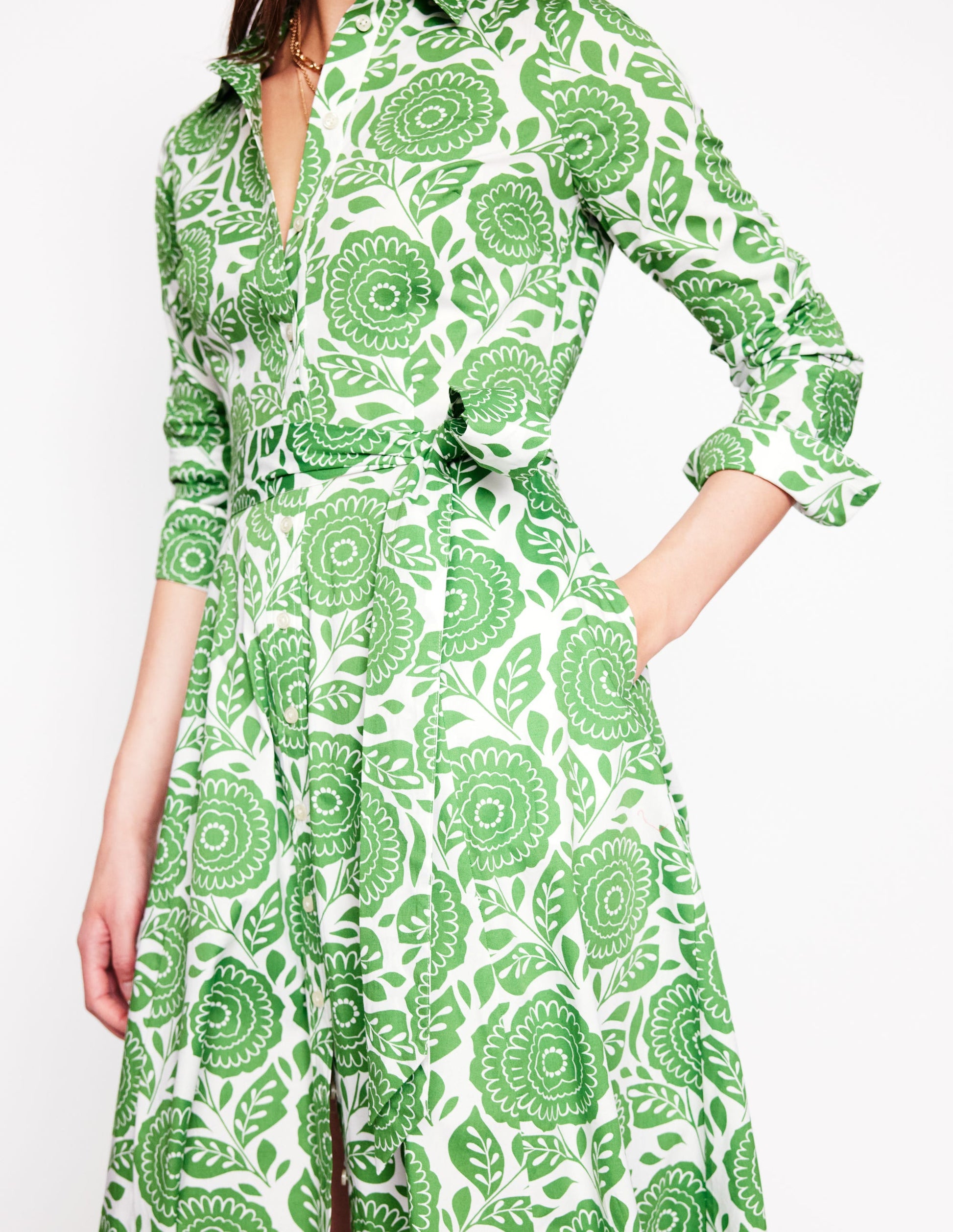 Amy Midi-Hemdblusenkleid aus Baumwolle-Paradiesgrün, Dahlienstempel-3