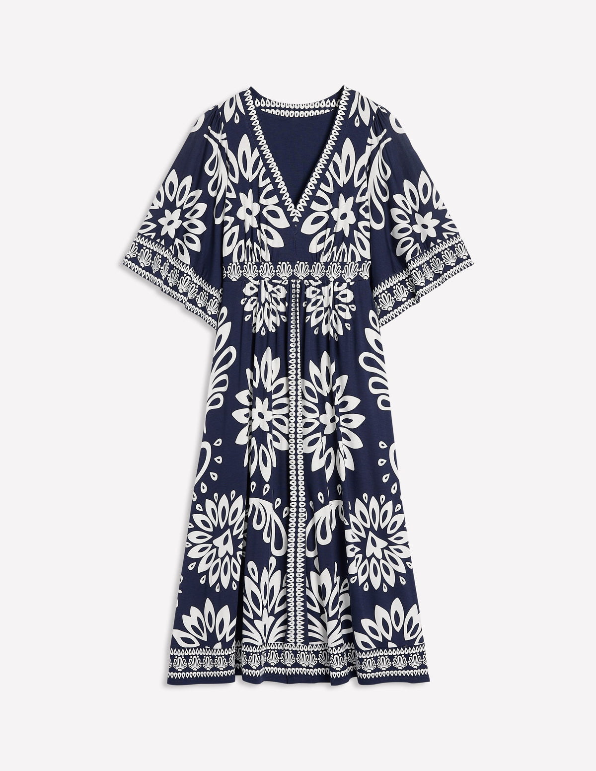 Maya Kimono Jersey Maxi Dress-French Navy, Palm Foliage - Image 7