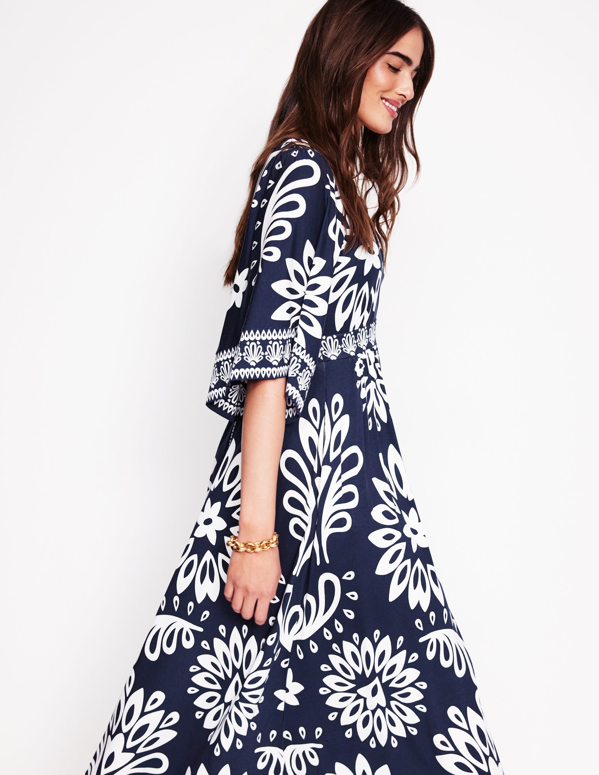 Maya Kimono Jersey Maxi Dress-French Navy, Palm Foliage - Image 1