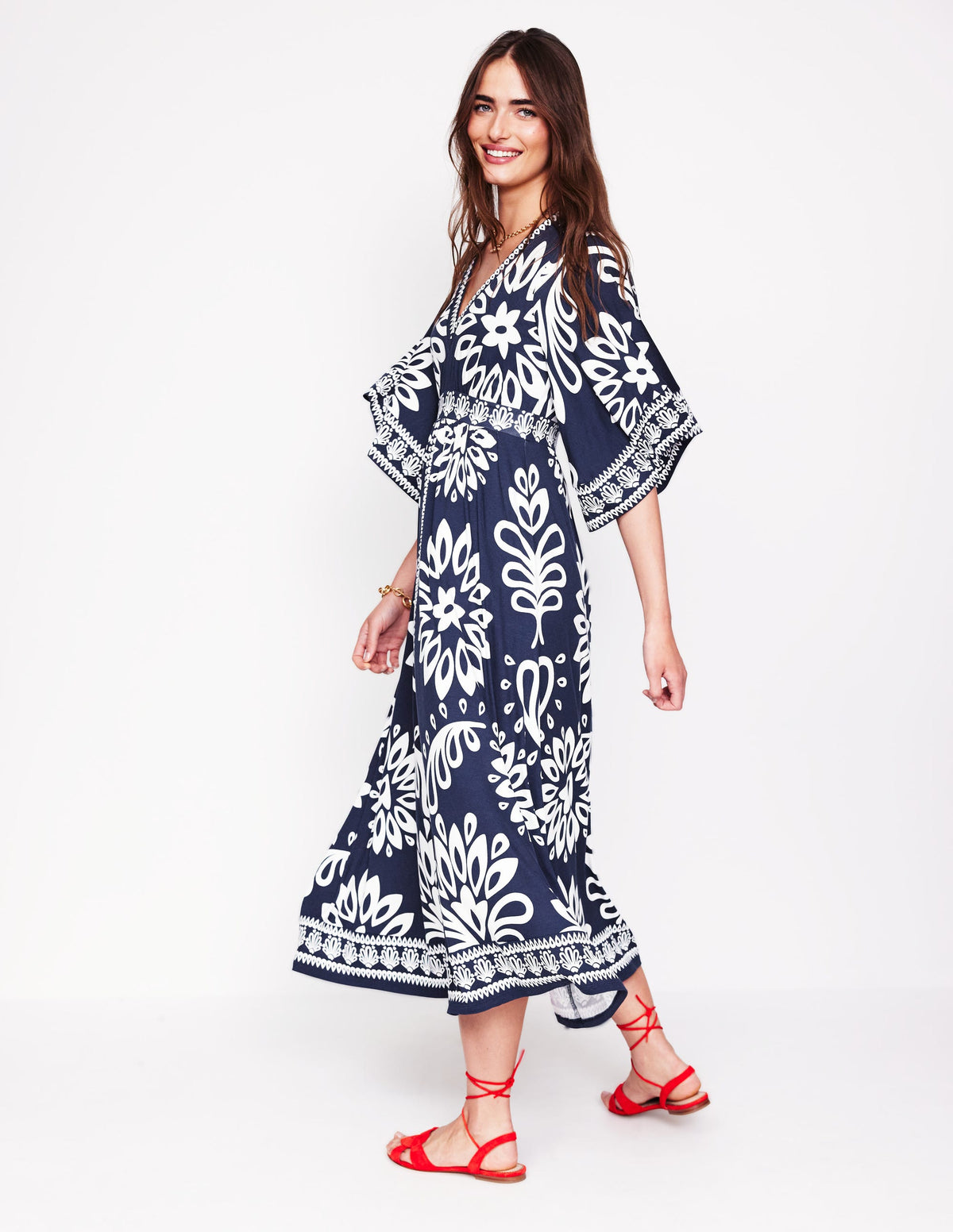 Maya Kimono Jersey Maxi Dress-French Navy, Palm Foliage-5