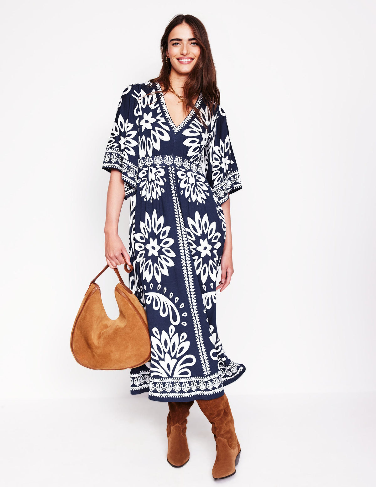 Maya Kimono Jersey Maxi Dress-French Navy, Palm Foliage - Image 6