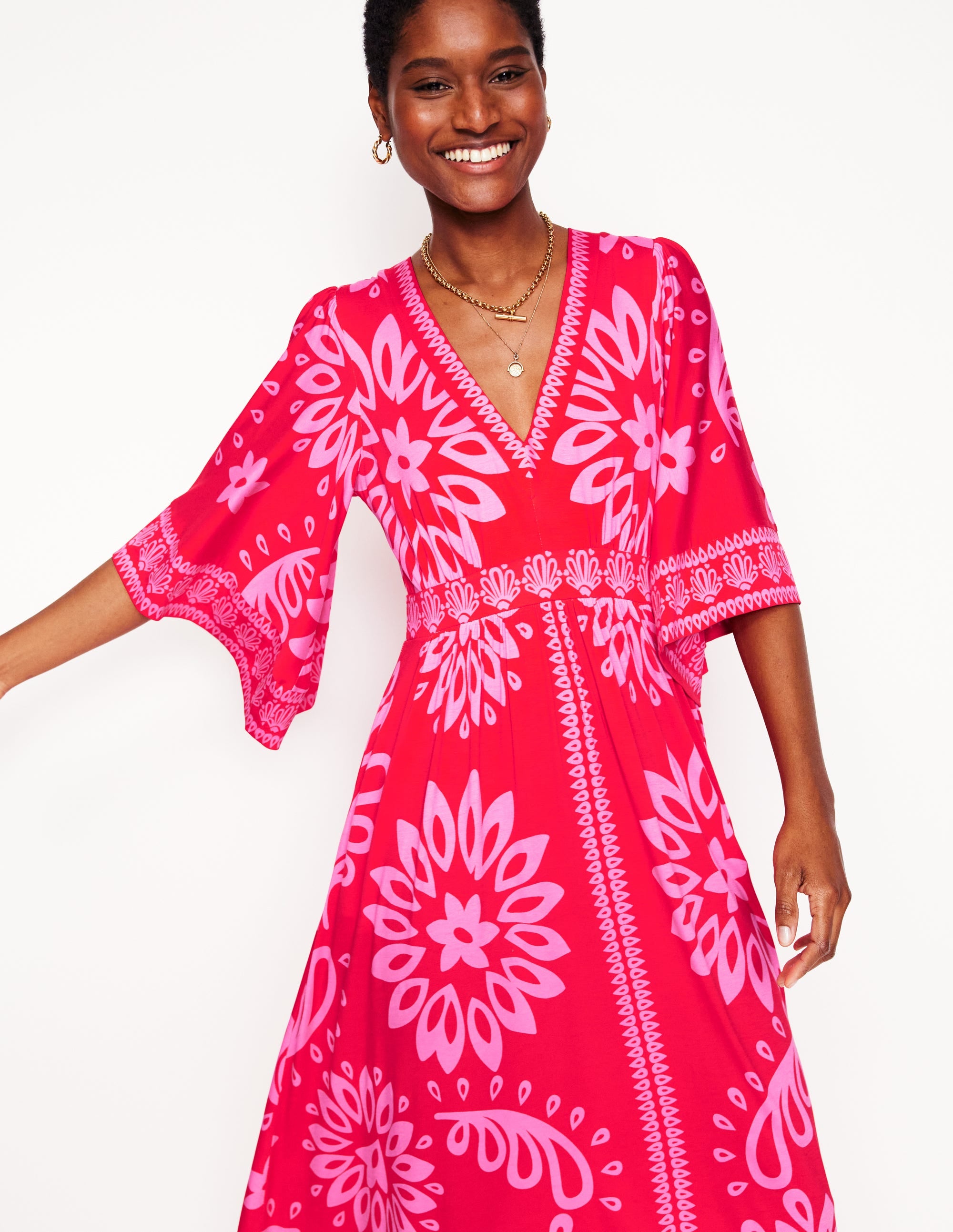 Maya Jersey-Maxikleid im Kimono-Stil-Erdbeerrot, Palmenblätter - Image 2