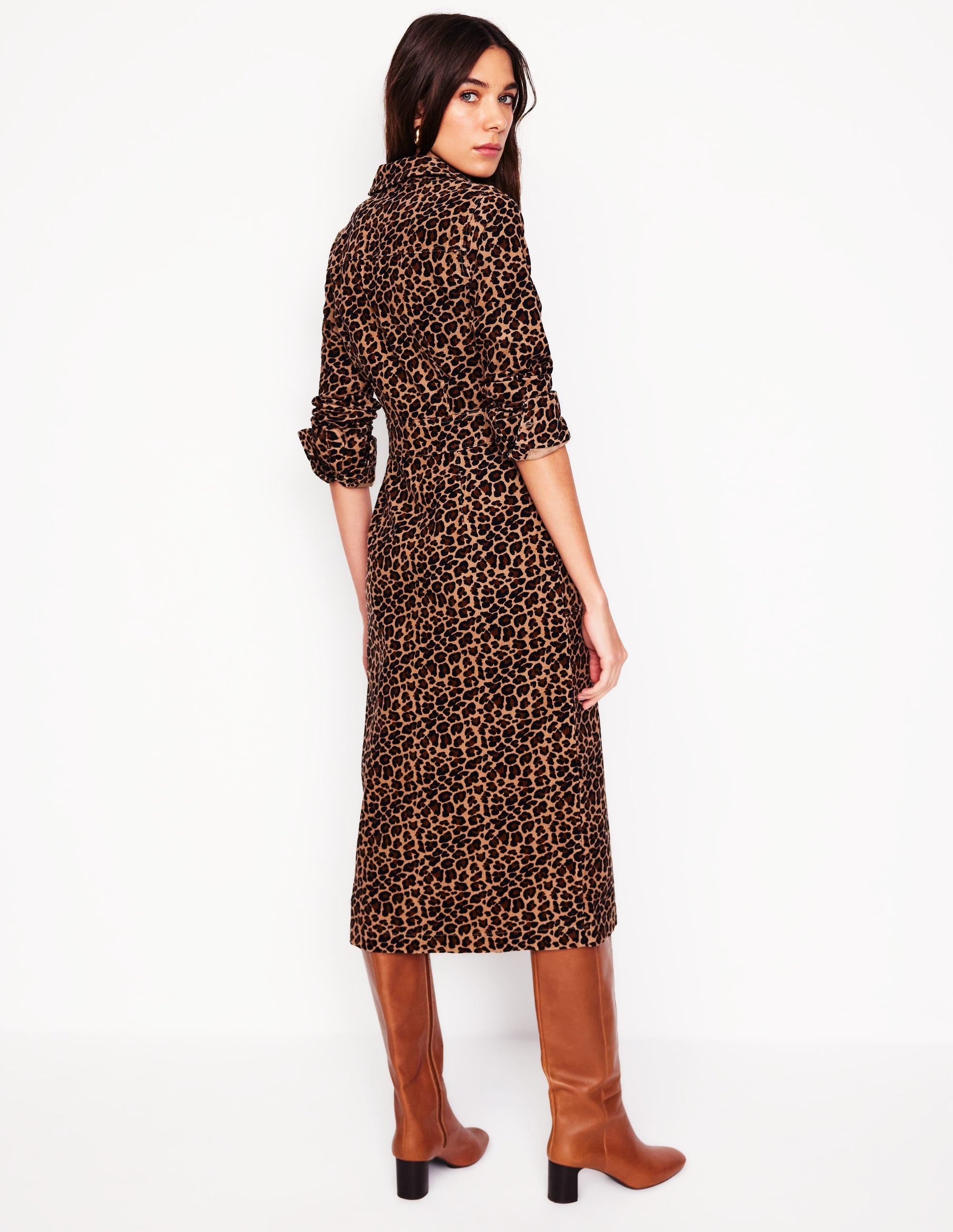 Flora Midi-Hemdblusenkleid aus Cord-Kamelbraun, Gepard Pop - Image 3